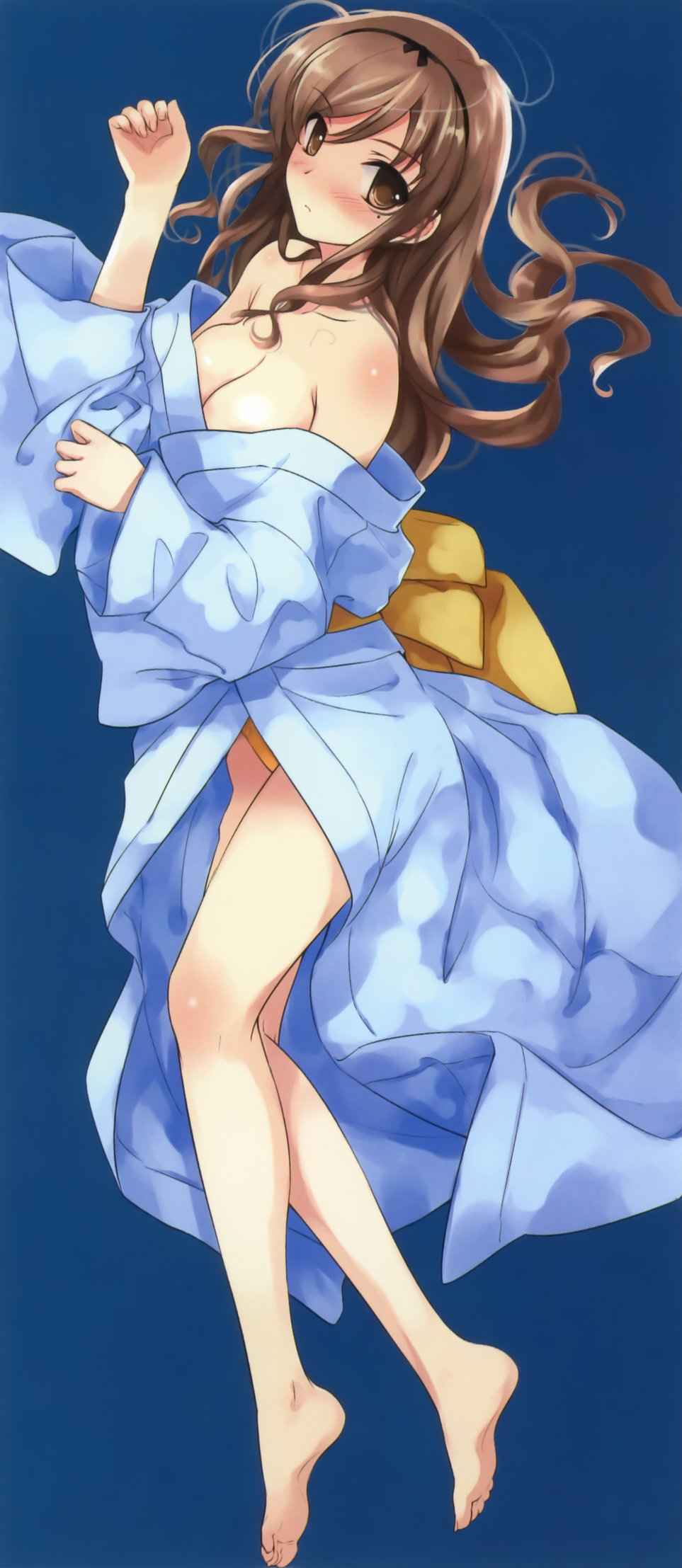 misaki kurehito, nakano hinata, abhar, suiheisen made nan mile?, highres, 1girl, bare shoulders, barefoot, blue background, blush, breasts, brown eyes, brown hair, cleavage, feet, female focus, hairband, japanese clothes, kimono, large breasts, legs, long hair, long legs, looking at viewer, lying, mole, mole under eye, obi, plantar flexion, sash, solo, toes