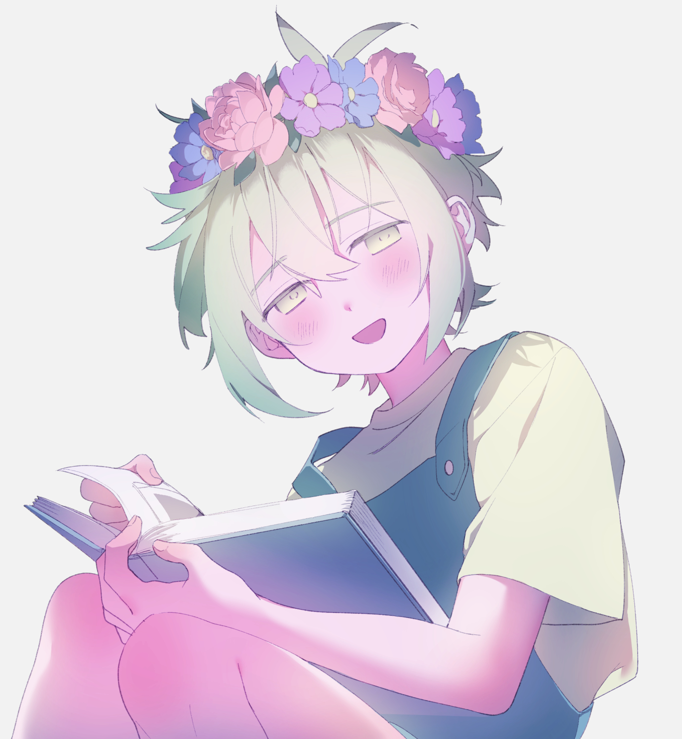usagi uma te mu, basil (headspace) (omori), basil (omori), omori, commentary request, highres, 1boy, antenna hair, blue overalls, blush, book, double-parted bangs, flower, flower wreath, green eyes, green hair, green shirt, hair between eyes, head wreath, holding, holding book, looking at viewer, male focus, overalls, shirt, short hair, short sleeves, sidelocks, simple background, smile, solo, t-shirt, white background