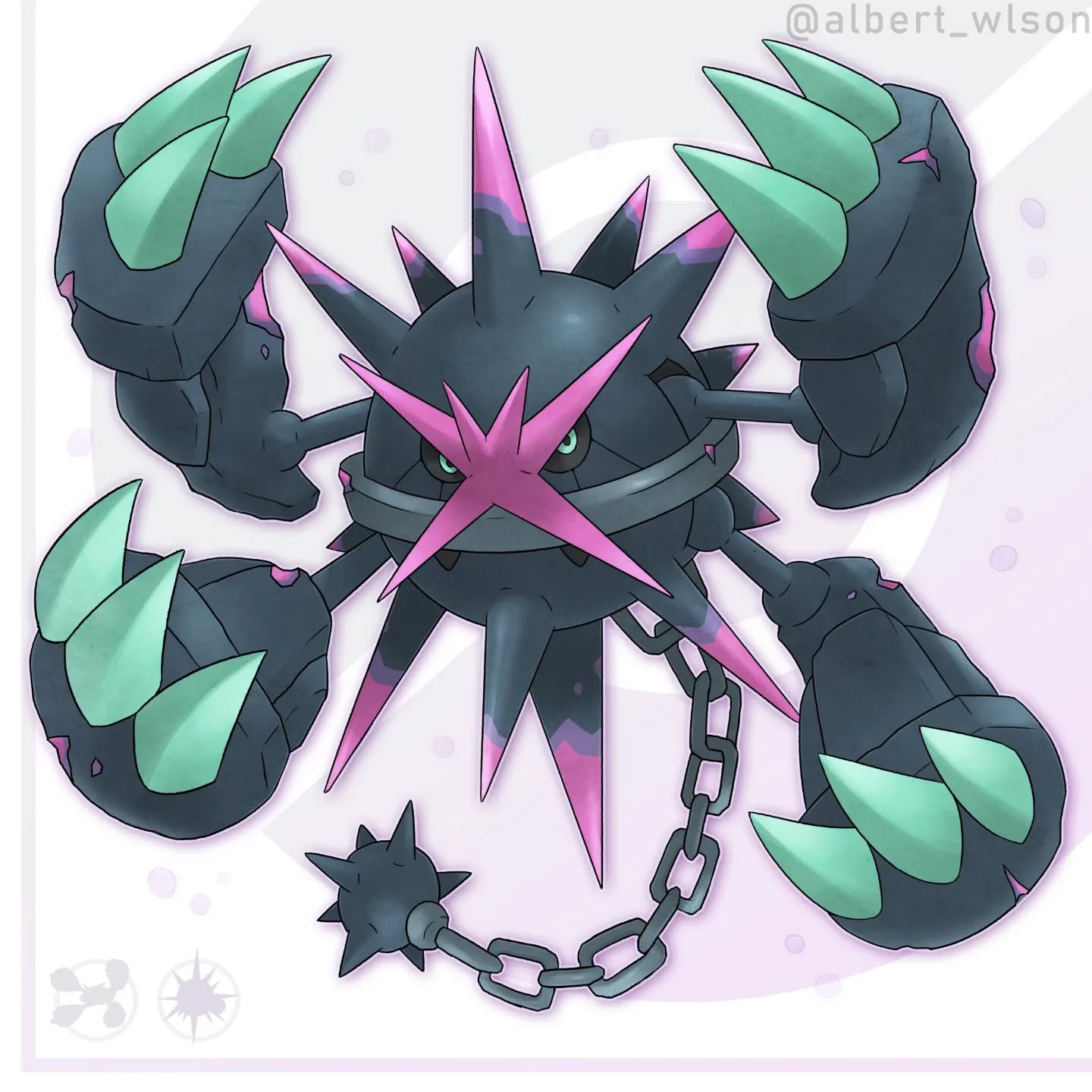 albrt-wlson, mega metagross, metagross, overqwil, nintendo, pokemon, commentary, commission, english commentary, highres, black sclera, chain, claws, colored sclera, full body, fusion, gen 3 pokemon, green eyes, instagram username, mega pokemon, no humans, pokemon (creature), pokemon focus, solo, spikes