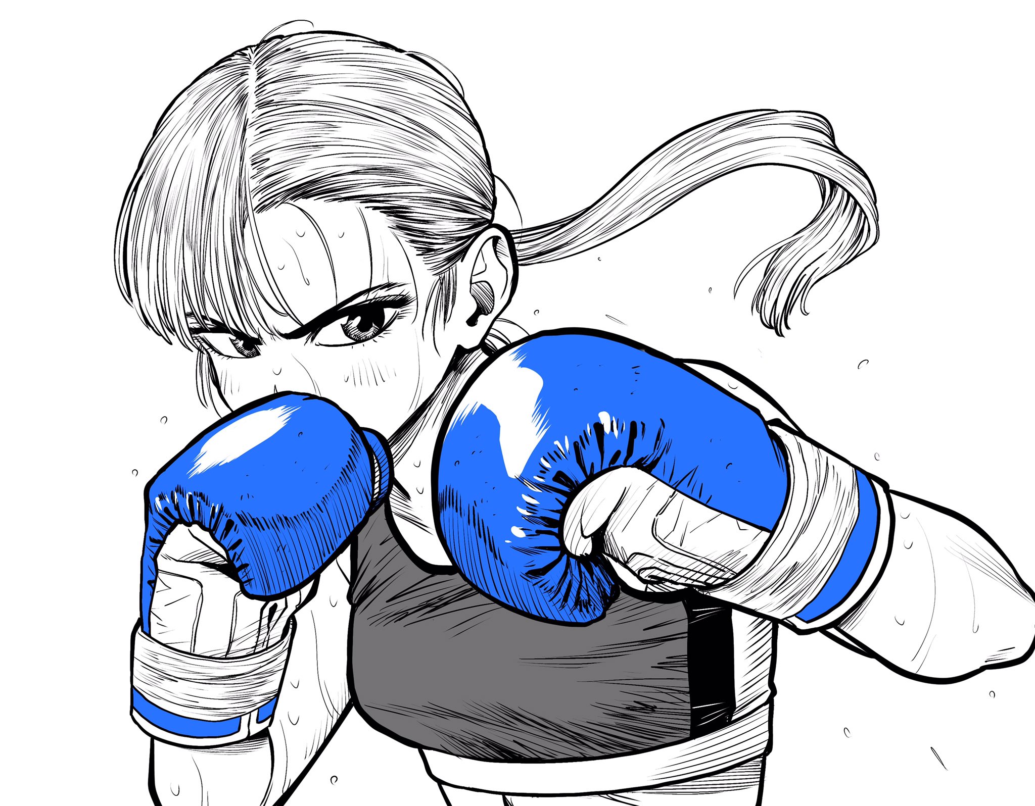 lee (dragon garou), original, commentary request, highres, 1girl, asymmetrical bangs, blue gloves, boxing, boxing gloves, breasts, fighting stance, flying sweatdrops, gloves, greyscale, hatching (texture), long hair, monochrome, ponytail, serious, small breasts, solo, sports bra, spot color, sweat, very sweaty