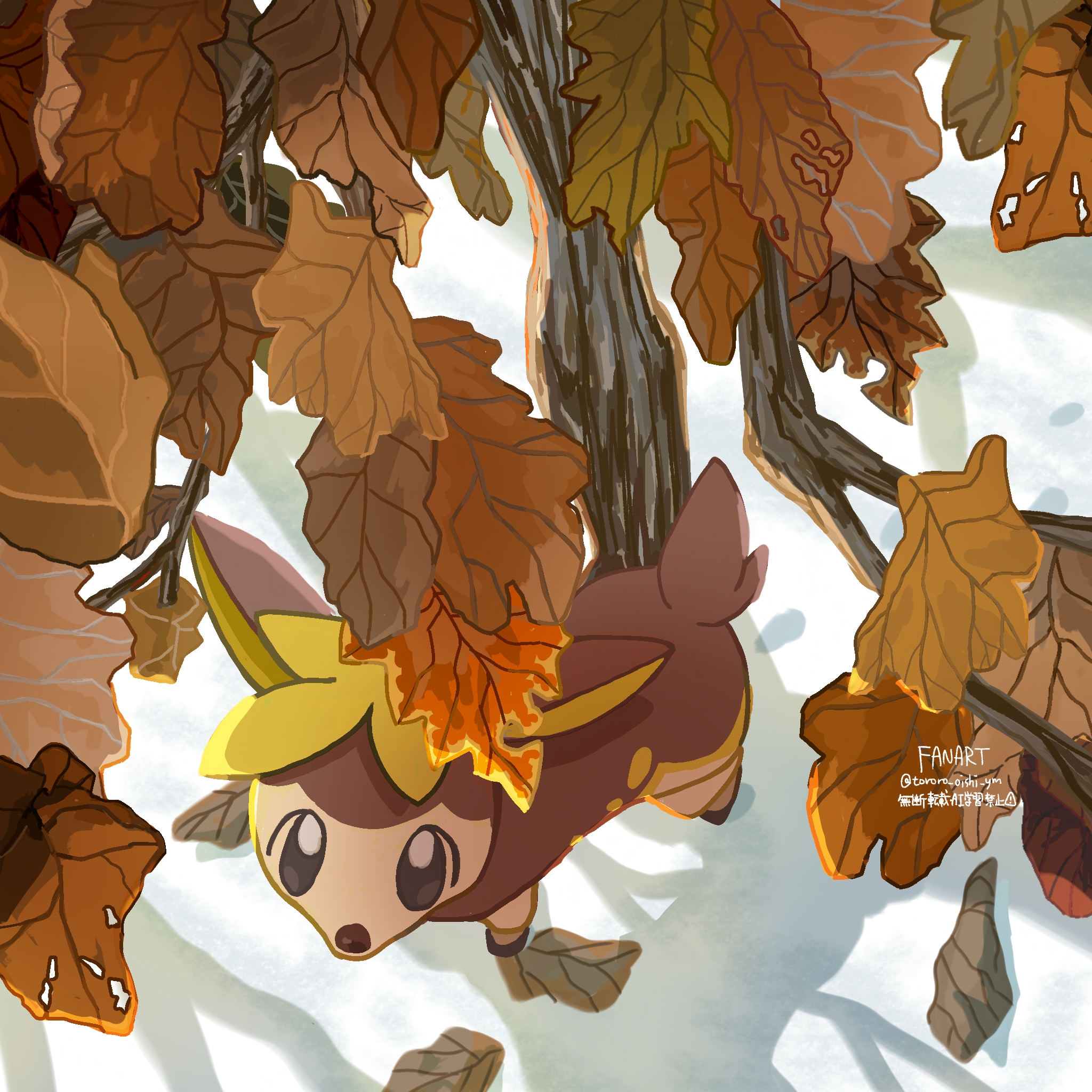 tororo oishi ym, deerling, deerling (winter), nintendo, pokemon, highres, brown eyes, deer, gen 5 pokemon, leaf, looking up, no humans, pokemon (creature), shadow, snow, tree, twitter username