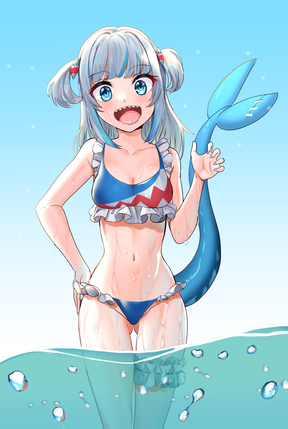 nico-mo, gawr gura, hololive, hololive english, 1girl, bikini, blue bikini, blue eyes, blue hair, blue nails, blue sky, blush, breasts, claw pose, collarbone, day, dot nose, feet out of frame, female focus, fingernails, fish tail, frilled bikini, frills, grey hair, hand on own hip, hand up, long hair, looking at viewer, medium breasts, multicolored bikini, multicolored hair, nail polish, navel, ocean, open mouth, outdoors, petite, shark girl, shark tail, sharp teeth, sky, smile, solo, standing, streaked hair, swimsuit, tail, teeth, tongue, two-tone bikini, two side up, water, white bikini