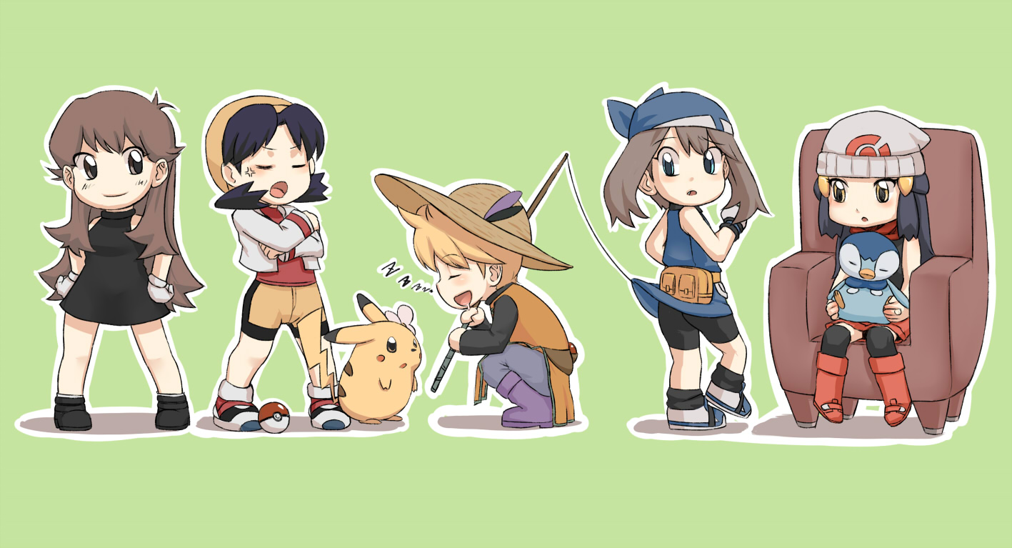 nyonn24, chuchu (pokemon), dawn (pokemon), green (pokemon), kris (pokemon), may (pokemon), pikachu, yellow (pokemon), nintendo, pokemon, pokemon adventures, bad id, bad pixiv id, 5girls, bandana, black dress, blue dress, blue eyes, blue hair, brown eyes, brown hair, chibi, dress, fishing rod, flower, gen 1 pokemon, green background, hair flower, hair ornament, hat, hat feather, holding, holding fishing rod, long hair, multiple girls, poke ball, poke ball (basic), pokemon (creature), simple background, straw hat