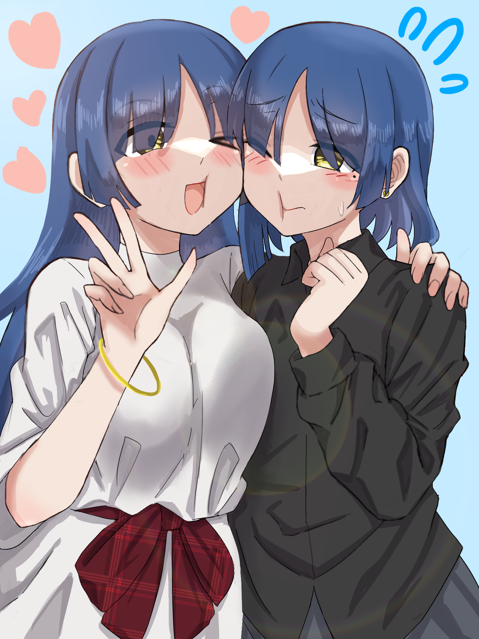 yamada kyouka, yamada ryo, bocchi the rock!, 2girls, black shirt, blue background, blue hair, dress, heart, long hair, mother and daughter, multiple girls, shirt, short hair, simple background, v, white dress, yellow eyes