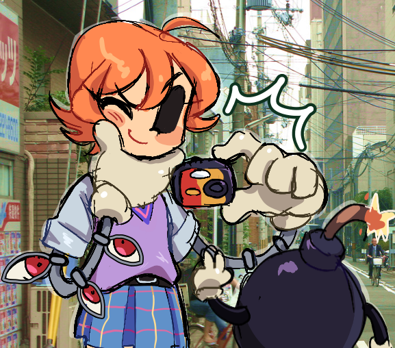 mercysstrap, george the bomb, peacock (skullgirls), skullgirls, alternate costume, belt, blush stickers, camera, cityscape, disposable camera, gloves, hand on own chin, japan, looking at another, no headwear, one eye closed, orange hair, photo background, pleated skirt, short hair, skirt, smile, sweater vest, v