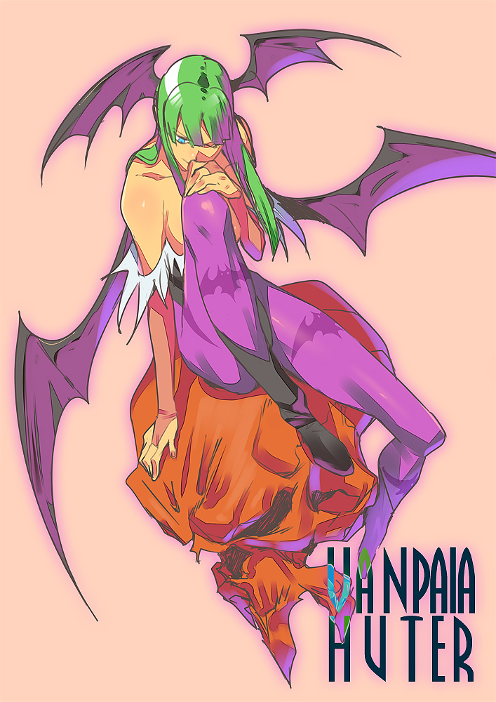 ryota-h, morrigan aensland, capcom, darkstalkers, bad id, bad pixiv id, 1girl, animal print, bat print, bat wings, demon girl, elbow gloves, english text, engrish text, female focus, gloves, green eyes, green hair, head wings, legs, leotard, long hair, long legs, matching hair/eyes, pantyhose, patterned legwear, print pantyhose, ranguage, solo, thighs, wings