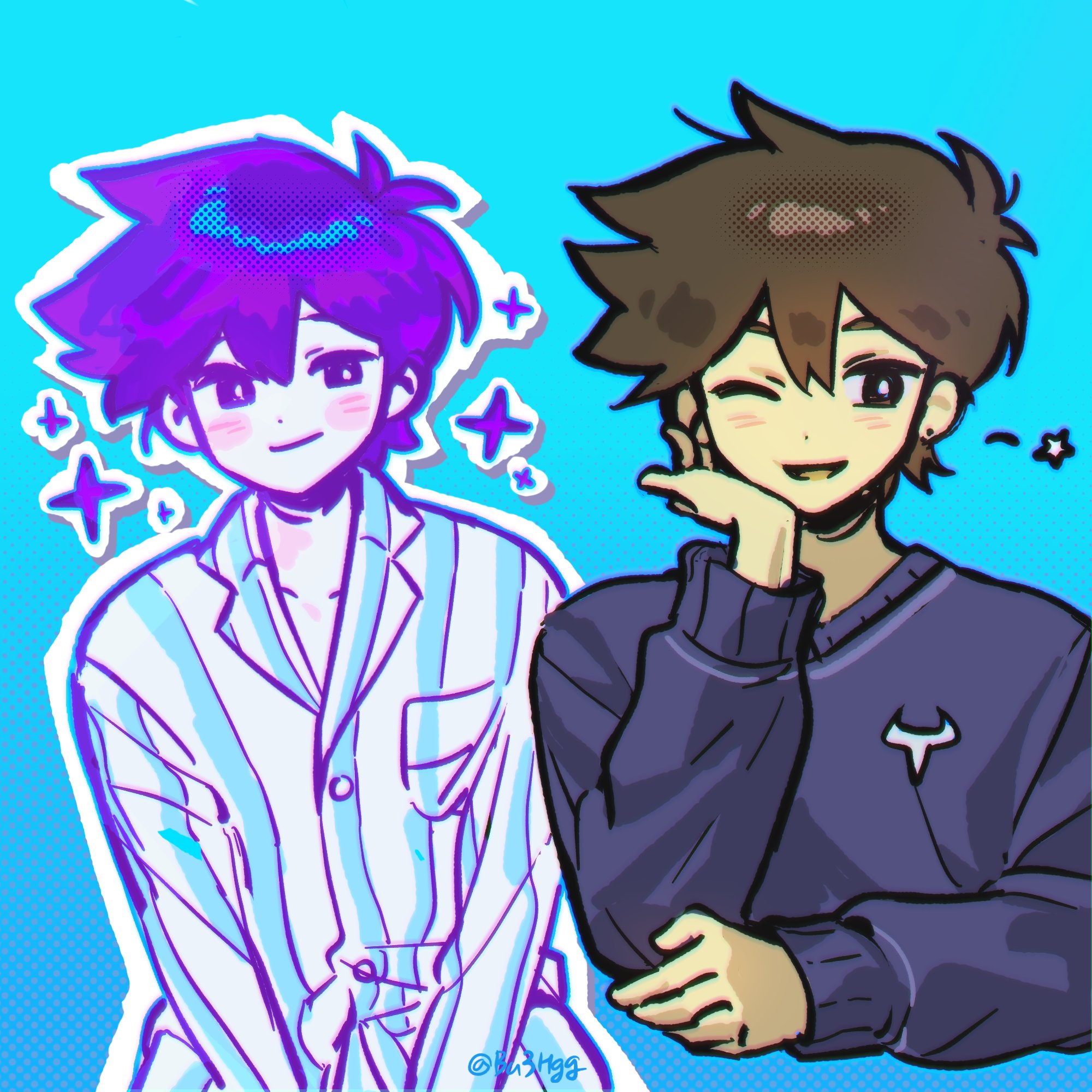 bu3hgg, hero (faraway) (omori), hero (headspace) (omori), hero (omori), omori, commentary request, highres, korean commentary, 2boys, antenna hair, artist name, black eyes, blue background, blue pajamas, blue sweater, blush, bright pupils, brown hair, closed mouth, collarbone, colored skin, dark-skinned male, dark skin, double-parted bangs, ear piercing, hair between eyes, long sleeves, looking at viewer, male focus, multiple boys, open mouth, pajamas, piercing, purple eyes, purple hair, short hair, smile, striped clothes, striped pajamas, sweater, twitter username, two-tone pajamas, vertical-striped clothes, vertical-striped pajamas, white pajamas, white pupils, white skin