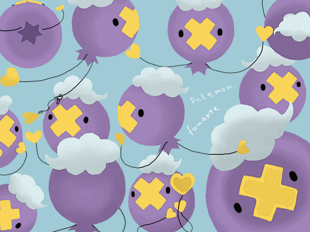 tororoika, drifloon, nintendo, pokemon, balloon, blue background, character name, cloud, copyright name, cross, gen 4 pokemon, heart, no humans, pokemon (creature), simple background
