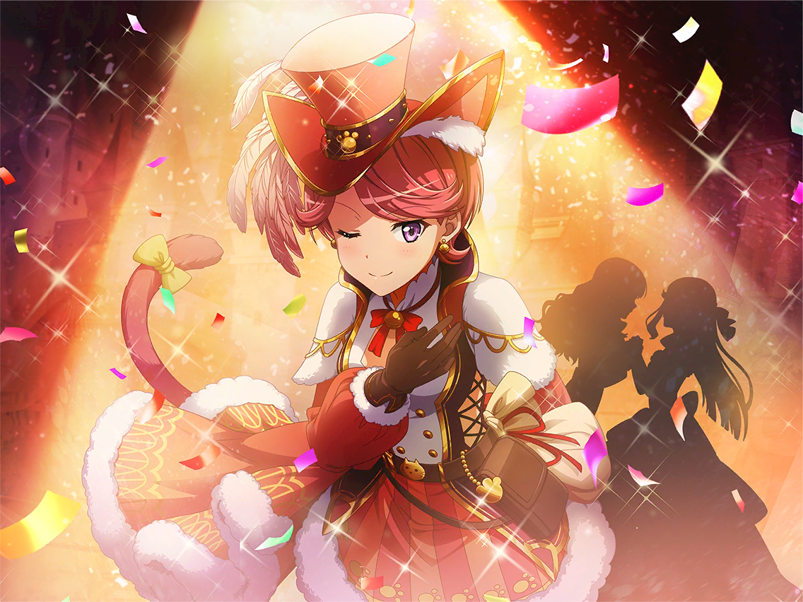 isurugi futaba, puss in boots (fairy tale character), shoujo kageki revue starlight, shoujo kageki revue starlight -re live-, game cg, official art, 3girls, brown bag, brown gloves, cat tail, closed mouth, confetti, cosplay, earrings, fake tail, gloves, hat, jewelry, long sleeves, looking at viewer, multiple girls, one eye closed, pink hair, purple eyes, puss in boots (fairy tale), puss in boots (fairy tale character) (cosplay), red hat, short hair, silhouette, smile, solo focus, spotlight, tail