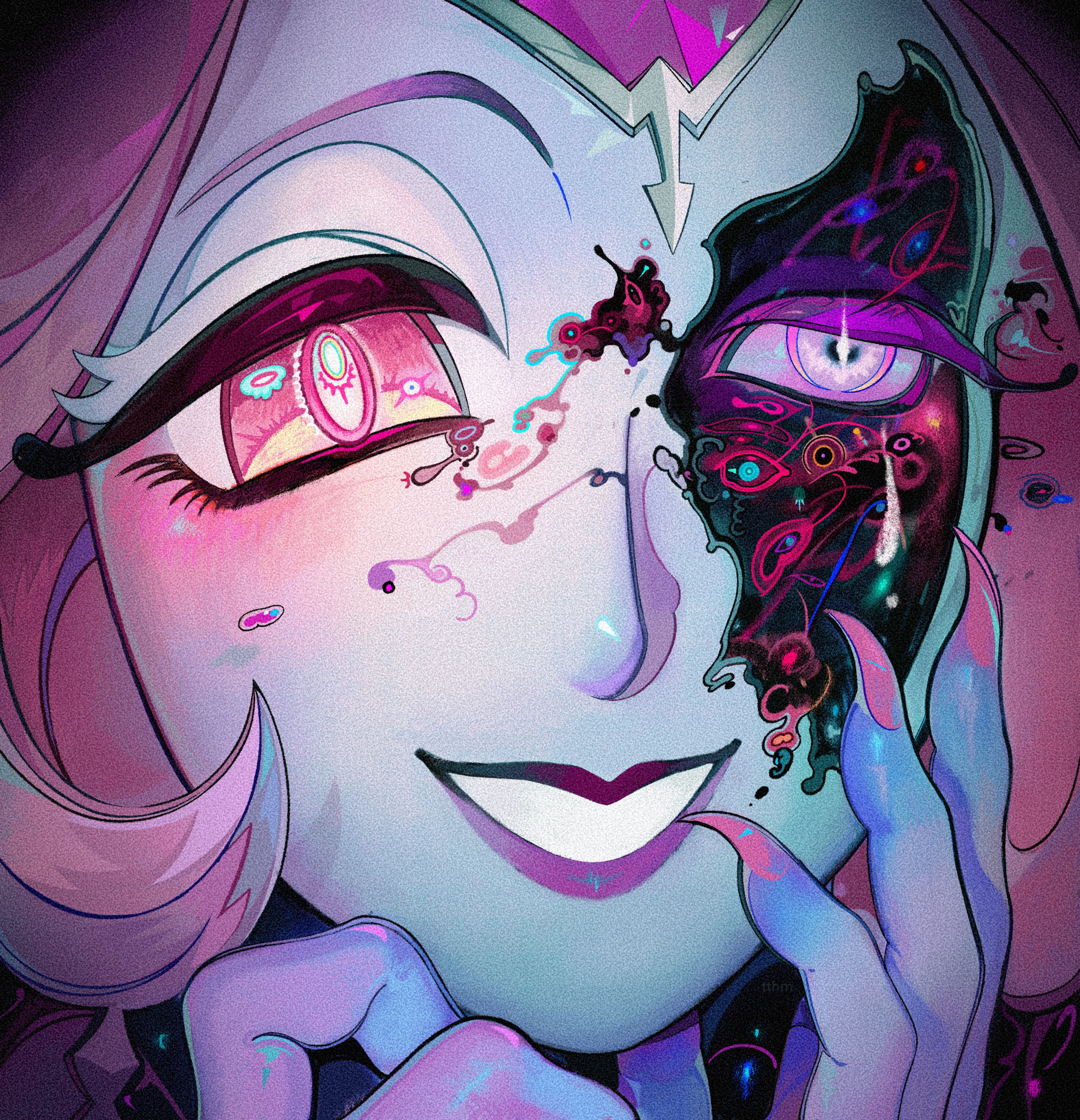 karsin2022, eternal sugar cookie, cookie run, cookie run: kingdom, absurdres, chinese commentary, commentary request, highres, 1girl, blush, cracked kawaii mask, cracked skin, fingernails, grin, long hair, looking at viewer, pink eyes, pink hair, pink lips, pink nails, sharp fingernails, smile, solo, teardrop