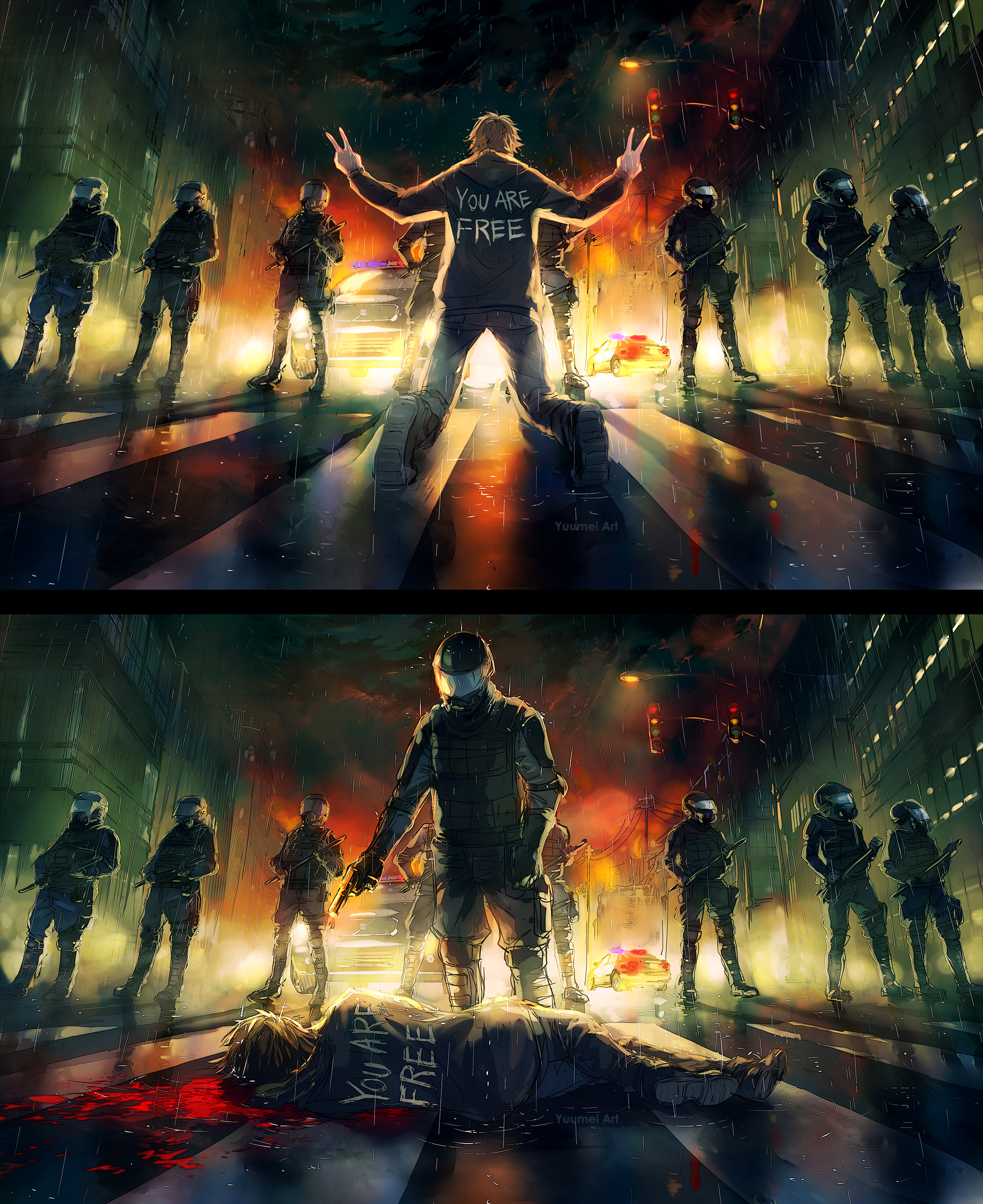 yuumei, fisheye placebo, original, absurdres, commentary, highres, redrawn, 1boy, 6+others, baton (weapon), blood, blood splatter, car, crosswalk, death, double v, english text, face shield, fire, gun, handgun, helmet, holding, holding baton (weapon), holding gun, holding weapon, motor vehicle, multiple others, night, police car, politics, rain, riot helmet, riot police, traffic light, v, weapon