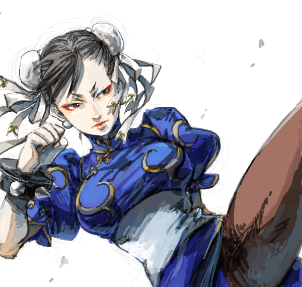 hagiya kaoru, chun-li, capcom, street fighter, bad drawr id, bad id, 1girl, black hair, blue dress, bracelet, breasts, brown eyes, brown pantyhose, bun cover, china dress, chinese clothes, double bun, dress, earrings, eyeliner, hair bun, jewelry, makeup, medium breasts, pantyhose, pearl earrings, puffy short sleeves, puffy sleeves, red eyeliner, red lips, short hair, short sleeves, simple background, solo, spiked bracelet, spikes, white background