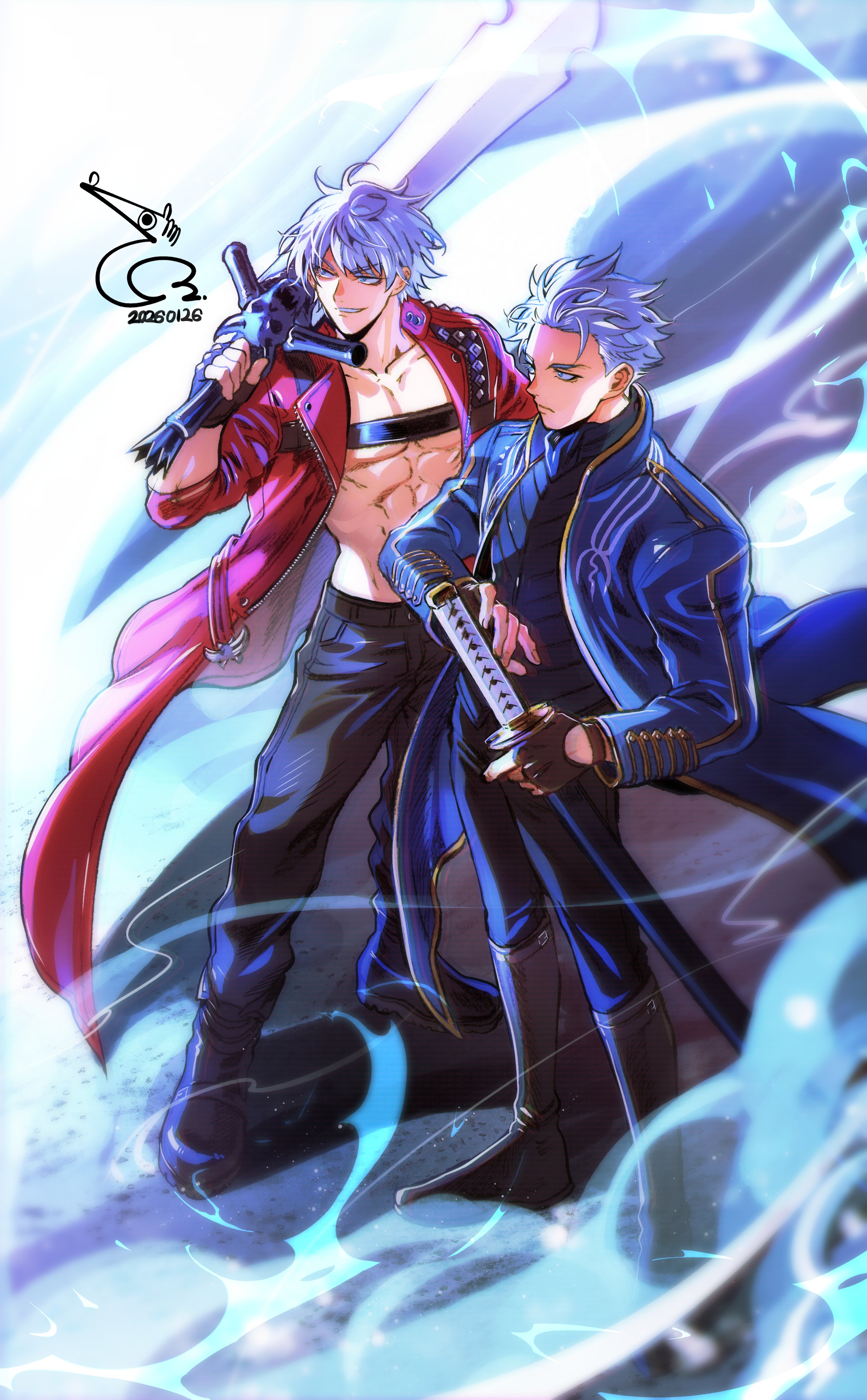 dante (devil may cry), vergil (devil may cry), devil may cry, devil may cry (series), devil may cry 3, absurdres, commentary request, highres, korean commentary, 2boys, abs, baehee5502, bare pectorals, black boots, black pants, black shirt, blue coat, blue eyes, boots, brothers, chest strap, coat, full body, holding, holding sword, holding weapon, lapels, long sleeves, male focus, multiple boys, open clothes, open coat, pants, pectorals, red coat, shirt, short hair, siblings, signature, smoke, sword, twins, weapon, white hair, yamato (sword)