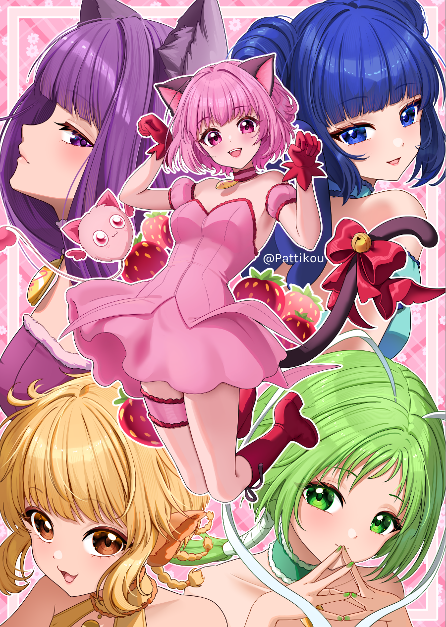 pattikou, aizawa mint, fong pudding, fujiwara zakuro, masha (tokyo mew mew), mew ichigo, mew lettuce, mew mint, mew pudding, mew zakuro, midorikawa lettuce, momomiya ichigo, tokyo mew mew, commentary request, highres, 1other, 5girls, animal ears, aqua dress, aqua gloves, arm hug, arms up, bare shoulders, blonde hair, blue bow, blue eyes, blue hair, blush, bow, breasts, cat ears, cat girl, cat tail, closed mouth, collarbone, double bun, dress, gloves, green bow, green eyes, green hair, hair bun, heart, long hair, looking at viewer, magical girl, medium breasts, multiple girls, open mouth, pink bow, pink dress, pink eyes, pink hair, purple bow, purple eyes, purple hair, red bow, short hair, smile, strapless, strapless dress, tail, twintails, wolf ears, wolf girl, yellow bow, yellow eyes