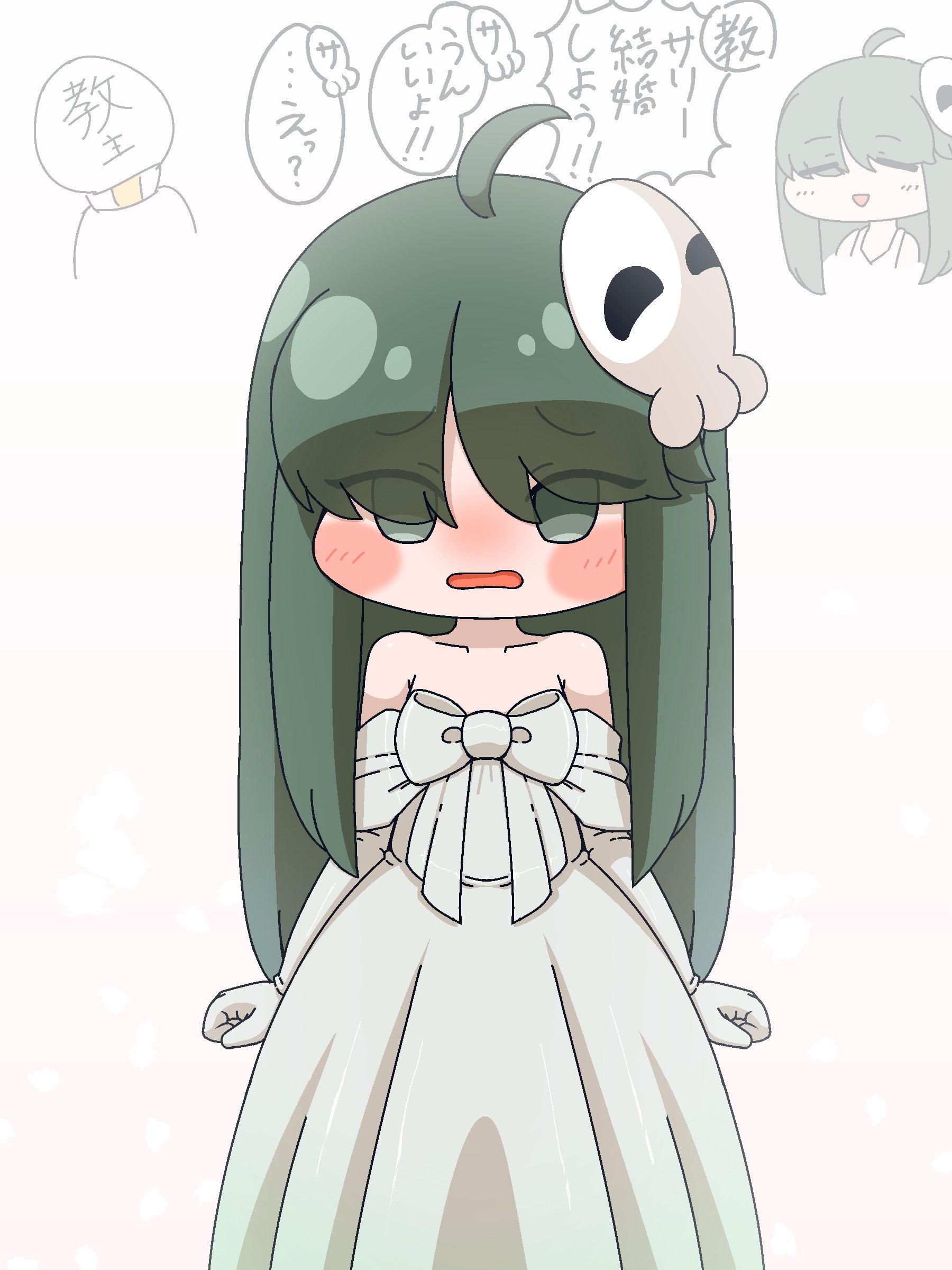 leader (trickcal), trickcal, absurdres, commentary request, highres, translated, 1girl, 1other, blush, bride, chibi, chibi only, closed eyes, dress, drive line, elbow gloves, embarrassed, gloves, green eyes, green hair, hair ornament, looking at viewer, open mouth, sari (trickcal), skull hair ornament, strapless, strapless dress, wedding dress, white dress, white gloves