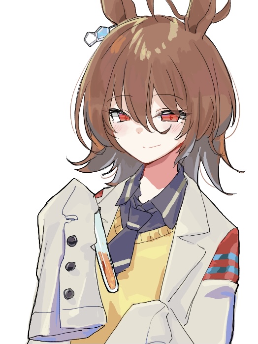 touhou90275, agnes tachyon (umamusume), umamusume, commentary, symbol-only commentary, 1girl, ahoge, animal ears, black necktie, black shirt, blush, brown hair, chemical structure, closed mouth, coat, collared shirt, ear ornament, earrings, hair between eyes, hand up, holding, holding test tube, horse ears, horse girl, jewelry, lab coat, long sleeves, medium hair, necktie, red eyes, shirt, short necktie, simple background, single earring, sleeves past fingers, sleeves past wrists, smile, split mouth, sweater, test tube, white background, white coat, yellow sweater