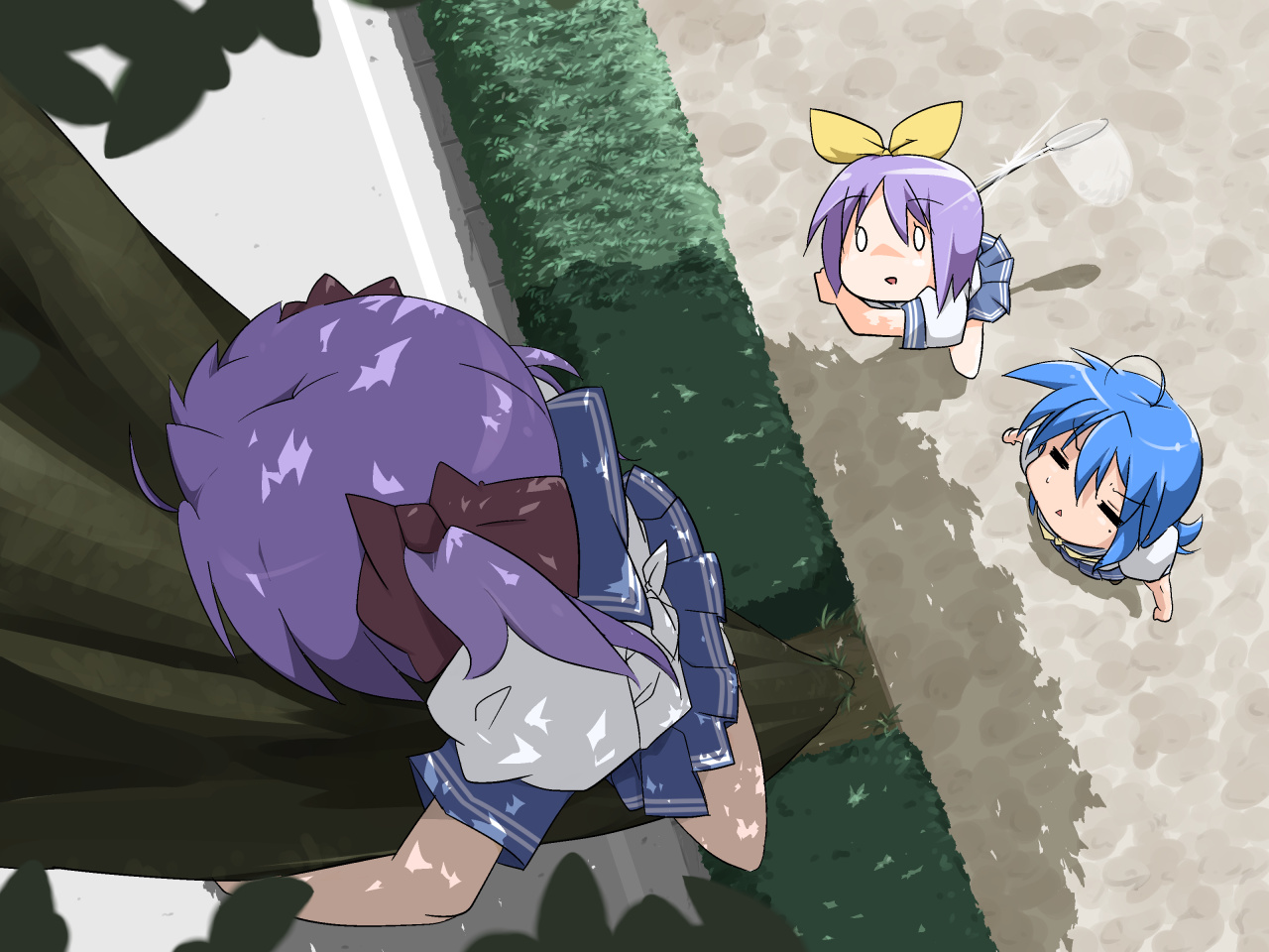 kawaisou, hiiragi kagami, hiiragi tsukasa, izumi konata, lucky star, 00s, 3girls, :<, = =, ahoge, blue hair, bow, butterfly net, foreshortening, from above, hair bow, hair ribbon, hand net, long hair, mole, mole under eye, multiple girls, o o, panties, perspective, purple hair, ribbon, school uniform, serafuku, shade, short hair, siblings, sisters, skirt, tree, twins, twintails, underwear