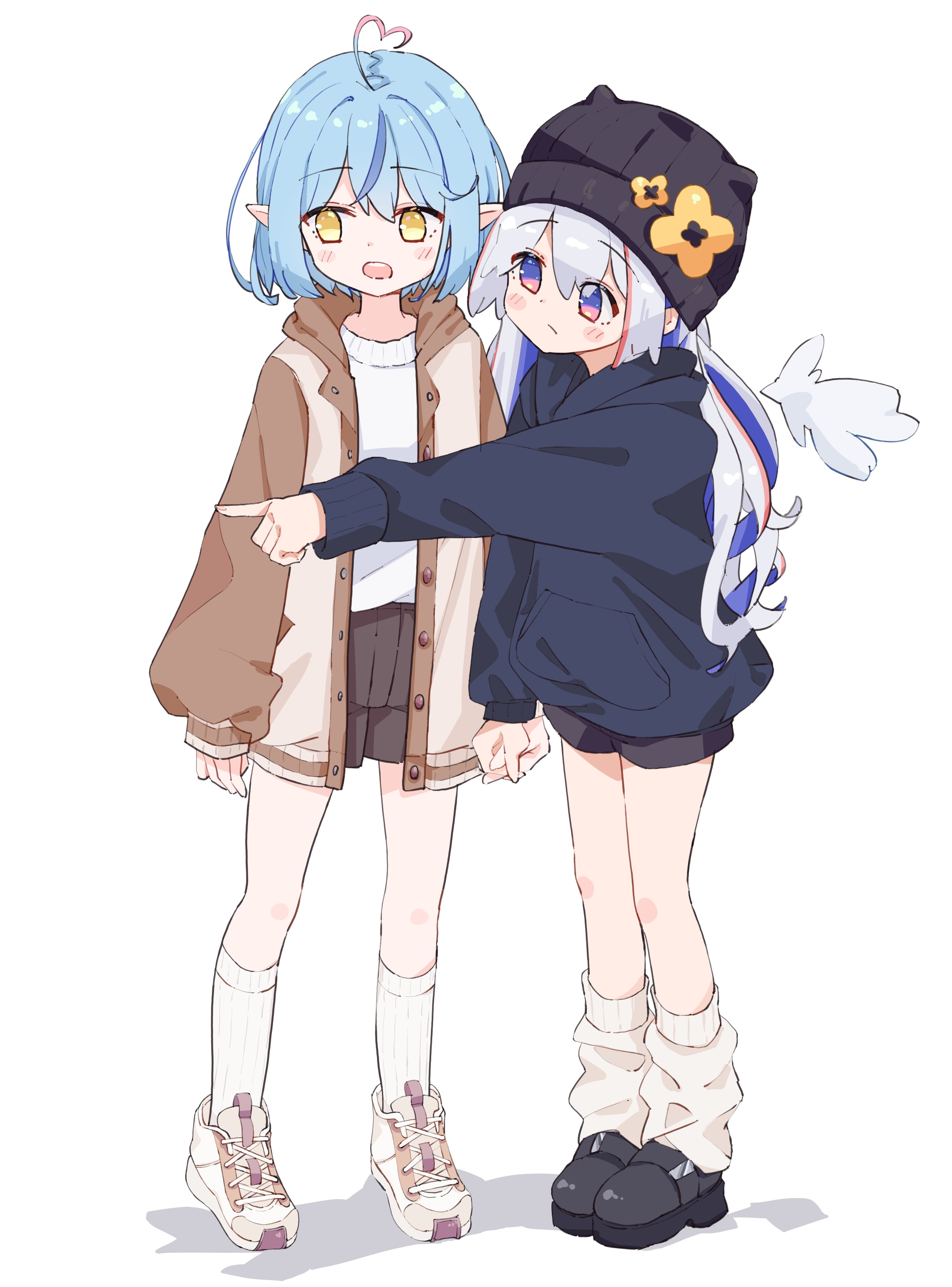 shigeo (shg kmkr), amane kanata, yukihana lamy, hololive, absurdres, commentary, hashtag-only commentary, highres, 2girls, aged down, ahoge, angel wings, beanie, black hat, black shoes, blue hair, blue hoodie, brown jacket, colored inner hair, elf, full body, grey hair, hat, hat ornament, heart, heart ahoge, holding hands, hood, hoodie, jacket, knees, long hair, loose socks, medium hair, multicolored hair, multiple girls, open clothes, open jacket, open mouth, pointing, pointy ears, purple eyes, serious, shirt, shoes, shorts, sneakers, socks, sweater, virtual youtuber, white background, white shirt, white socks, wings, yellow eyes