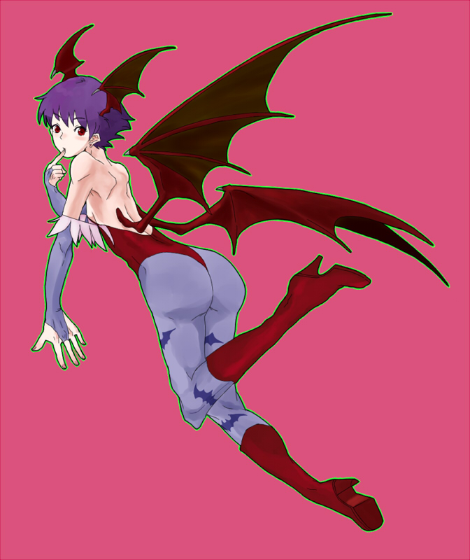 kon (kdash), lilith (darkstalkers), capcom, darkstalkers, 1girl, animal print, ass, bare shoulders, bat print, bat wings, boots, demon girl, elbow gloves, female focus, finger to mouth, gloves, head wings, leotard, looking back, pantyhose, patterned legwear, pink background, print pantyhose, purple hair, red eyes, red leotard, short hair, solo, wings