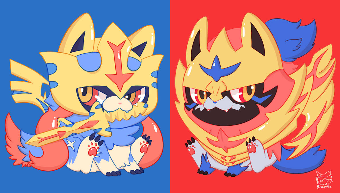 butapokko, zacian, zacian (crowned), zamazenta, zamazenta (crowned), nintendo, pokemon, commentary, animal focus, chibi, chibi only, closed mouth, fangs, full body, gen 8 pokemon, holding, holding sword, holding weapon, legendary pokemon, mouth hold, multicolored eyes, no humans, pokemon (creature), pokemon focus, simple background, sitting, smile, sword, sword in mouth, two-tone background, two-tone eyes, weapon, weapon in mouth