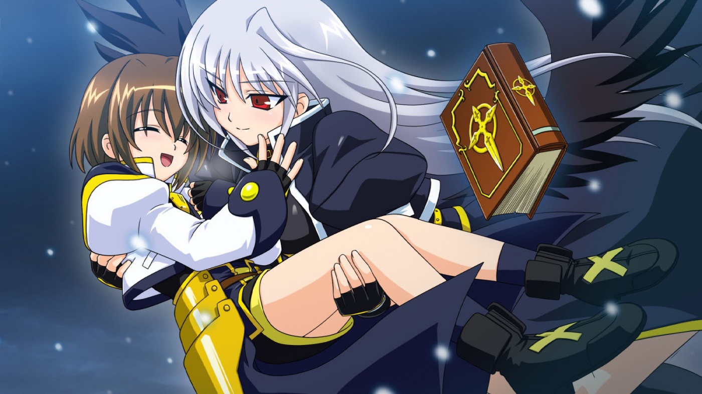 reinforce, tome of the night sky, yagami hayate, lyrical nanoha, mahou shoujo lyrical nanoha, mahou shoujo lyrical nanoha a's, mahou shoujo lyrical nanoha a's portable: the battle of aces, silver hair, official art, black wings, book, brown hair, carrying, closed eyes, fingerless gloves, gloves, long hair, open mouth, red eyes, short hair, smile, waist cape, wings