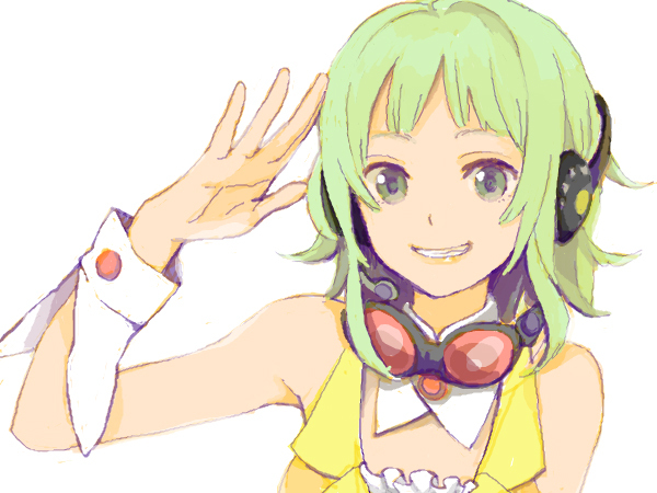 gumi, vocaloid, bad drawr id, bad id, 1girl, female focus, goggles, goggles around neck, green eyes, green hair, headset, matching hair/eyes, oekaki, short hair, simple background, smile, solo