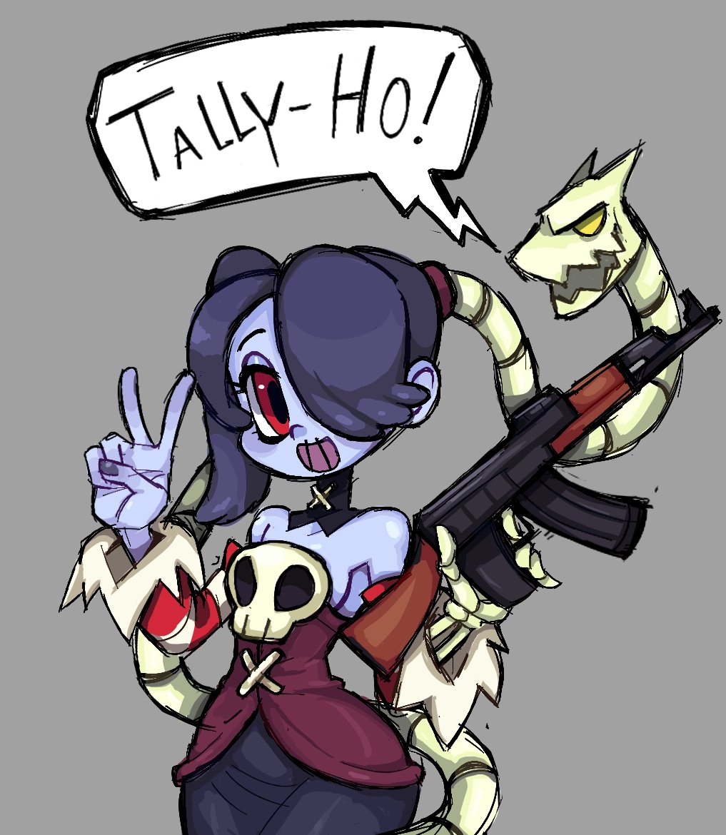mercysstrap, leviathan (skullgirls), squigly (skullgirls), skullgirls, ak-47, assault rifle, blue hair, blue skin, colored skin, cowboy shot, dress, english text, grey background, gun, hair over one eye, holding, holding weapon, kalashnikov rifle, looking at viewer, open mouth, red eyes, rifle, side ponytail, speech bubble, stitched mouth, stitches, v, weapon