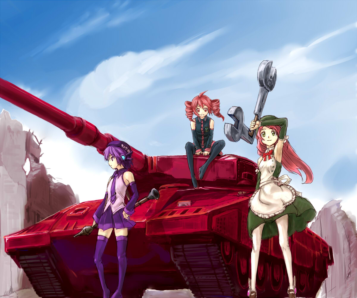 metabo, metabo (hata kichi), kasane teto, kasane teto (utau), momone momo, utane uta, metal max, utau, vocaloid, vehicle, 3girls, ahoge, apron, beret, caterpillar tracks, day, detached sleeves, drill hair, green eyes, hair ornament, hairclip, hat, headphones, high-explosive anti-tank (warhead), long hair, m1 bazooka, man-portable anti-tank systems, military, military vehicle, motor vehicle, multiple girls, necktie, on tank, pink hair, purple hair, red eyes, red hair, rocket-propelled grenade, rocket (projectile), rocket launcher, rpg, rpg-7, rpg (weapon), ruins, short hair, sitting, skirt, sky, smile, tank, thighhighs, twin drills, twintails, weapon, wrench, zettai ryouiki