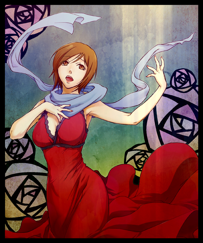 mamoru (pixiv), meiko (vocaloid), vocaloid, 1girl, breasts, brown eyes, brown hair, dress, female focus, music, red dress, scarf, short hair, singing, solo