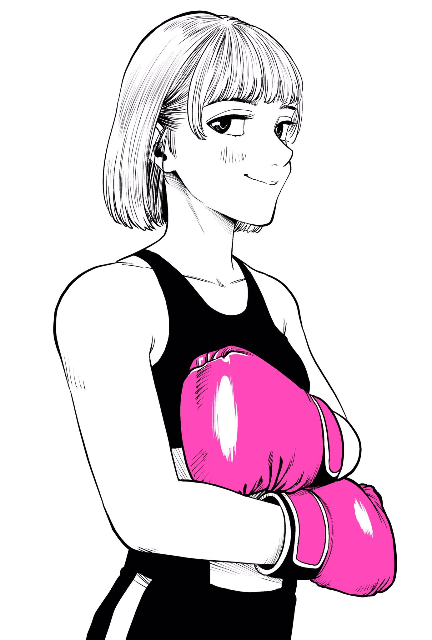 lee (dragon garou), original, commentary request, highres, 1girl, boxing gloves, breasts, collarbone, gloves, hair behind ear, hatching (texture), light blush, midriff, monochrome, pink gloves, profile, small breasts, smile, solo, sports bra, spot color, upper body
