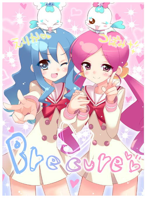 aida takanobu, chypre (heartcatch precure!), coffret (heartcatch precure!), hanasaki tsubomi, kurumi erika, heartcatch precure!, precure, bad id, bad pixiv id, 10s, 2girls, blue eyes, blue hair, blush, long hair, mascot, multiple girls, pink eyes, pink hair, school uniform, twintails, v, very long hair, wink