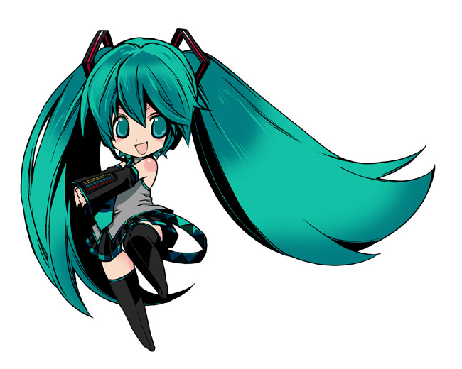 nanami (fuku), hatsune miku, vocaloid, bad id, bad pixiv id, 1girl, chibi, detached sleeves, female focus, green eyes, green hair, long hair, matching hair/eyes, skirt, solo, thighhighs, twintails, very long hair