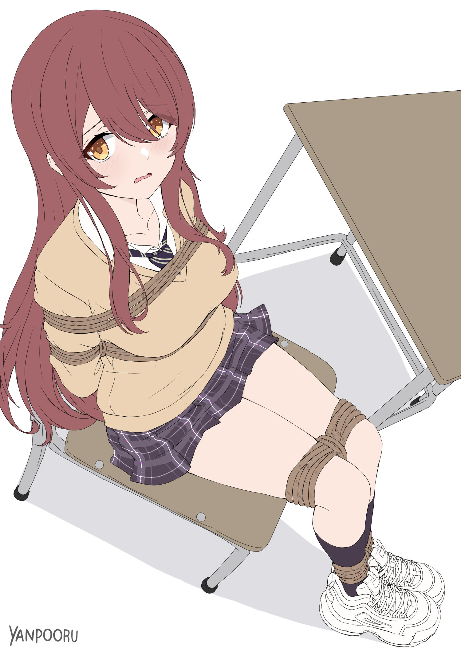yanpooru, osaki tenka, idolmaster, idolmaster shiny colors, highres, 1girl, arms behind back, artist name, bdsm, black socks, bondage, bound, bound ankles, bound arms, bound legs, breasts, brown hair, brown sweater, chair, desk, from above, full body, grey skirt, long hair, long sleeves, looking at viewer, miniskirt, on chair, plaid clothes, plaid skirt, rope, school chair, school desk, shoes, sitting, skirt, sneakers, socks, solo, sweater, wavy mouth, white shoes, yellow eyes