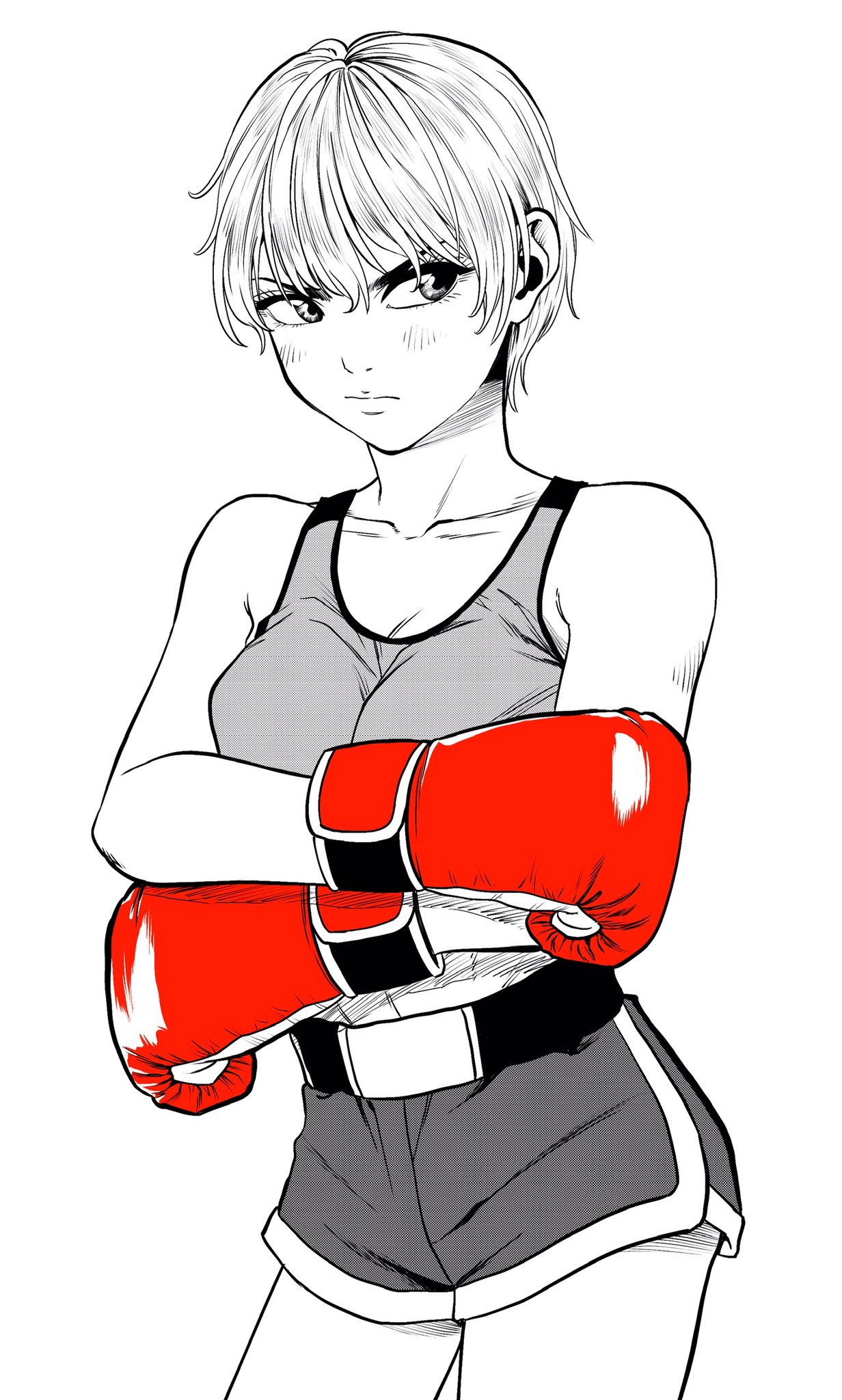 lee (dragon garou), original, commentary request, highres, 1girl, :/, boxing gloves, breasts, collarbone, cowboy shot, dolphin shorts, eyelashes, gloves, greyscale, hatching (texture), light blush, linea alba, medium breasts, midriff, monochrome, red gloves, serious, short hair, short shorts, shorts, sideways glance, solo, sports bra, spot color, v-shaped eyebrows