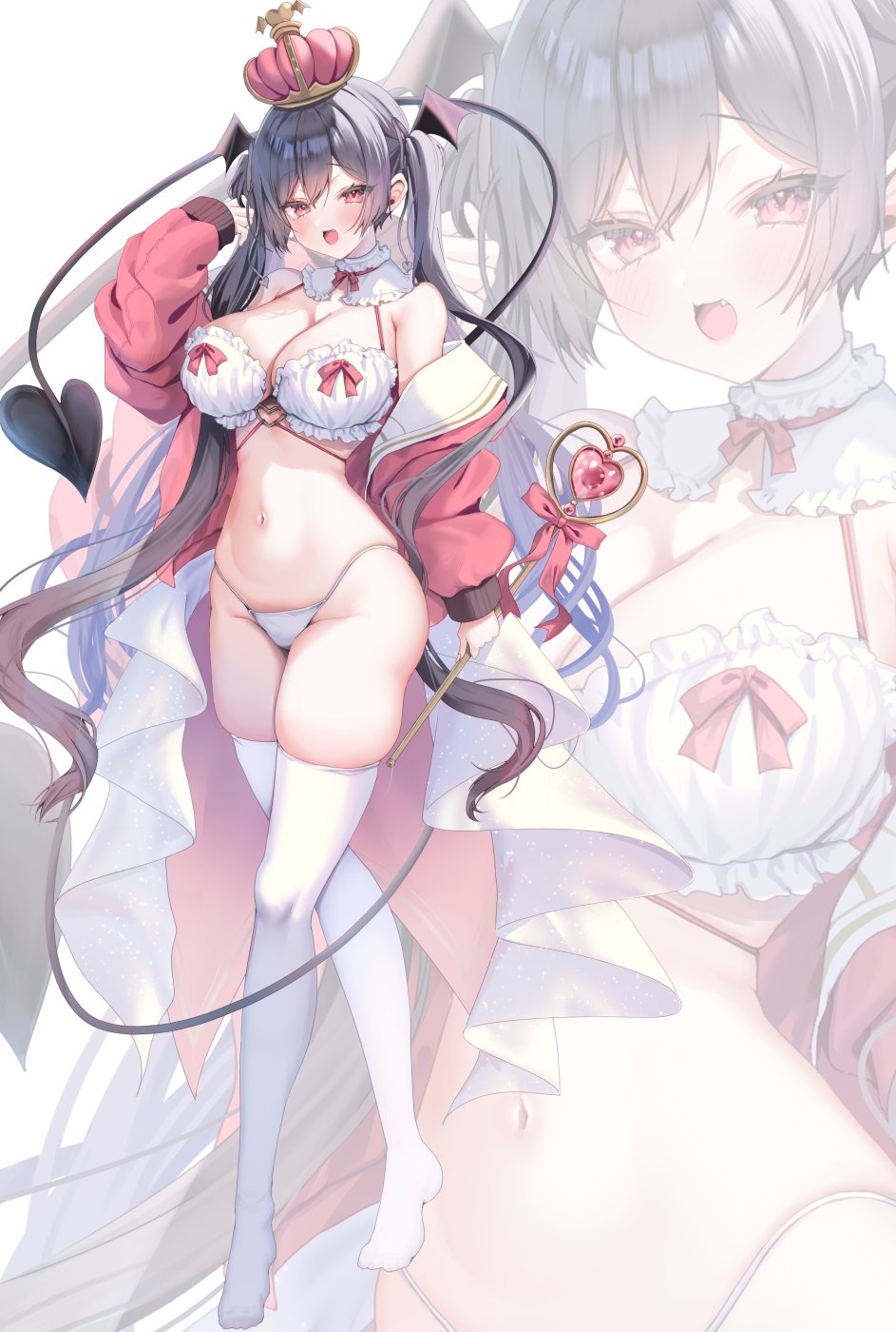 ayuma sayu, original, commentary request, highres, 1girl, :d, arched crown, bare shoulders, black hair, blush, bra, breasts, cleavage, crown, demon girl, demon tail, detached collar, double-parted bangs, fangs, frilled bra, frills, full body, gradient hair, groin, hair between eyes, head wings, heart wand, highleg, highleg panties, holding, holding wand, jacket, large breasts, lingerie, long hair, long sleeves, looking at viewer, multicolored hair, narrow waist, navel, no shoes, off shoulder, open clothes, open jacket, open mouth, panties, puritan collar, raised eyebrows, red eyes, red jacket, riasu-chan (ayuma sayu), skindentation, smile, solo, stomach, tail, thighhighs, thong, tongue, twintails, underwear, very long hair, wand, white bra, white panties, white thighhighs, wide hips, wings, zoom layer