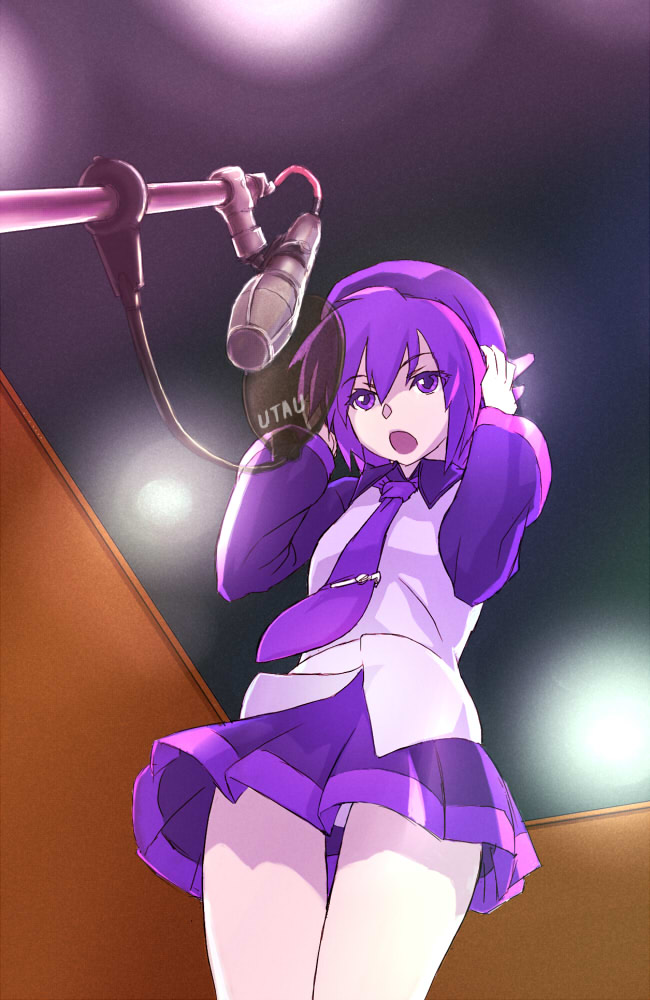 metabo, metabo (hata kichi), utane uta, utau, 1girl, beret, female focus, from below, hat, headphones, microphone, microphone stand, music, necktie, panties, pantyshot, purple eyes, purple hair, purple necktie, short hair, singing, skirt, solo, studio microphone, thighs, underwear