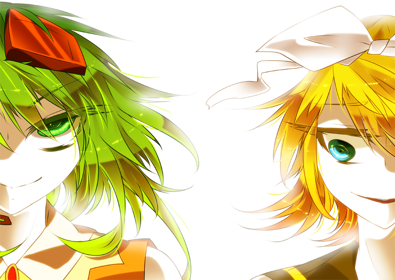 juerucj, gumi, kagamine rin, vocaloid, commentary request, 2girls, bags under eyes, black shirt, blonde hair, blue eyes, closed mouth, collared shirt, green eyes, green hair, green shirt, hairband, looking at another, multiple girls, parted lips, serious, shirt, short hair, simple background, smile, split mouth, white background, white hairband