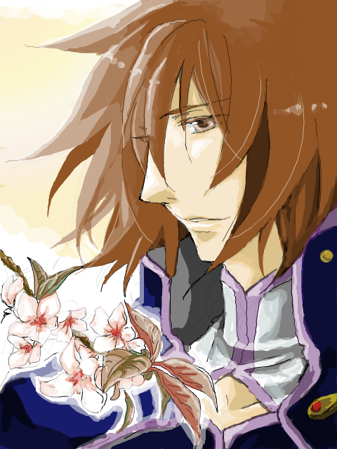 kratos aurion, tales of (series), tales of symphonia, 00s, 1boy, brown eyes, brown hair, flower, gradient background, male focus, short hair, solo