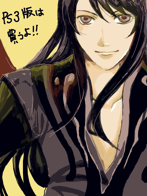 yuri lowell, tales of (series), tales of vesperia, 00s, 1boy, black hair, brown eyes, long hair, male focus, simple background, solo