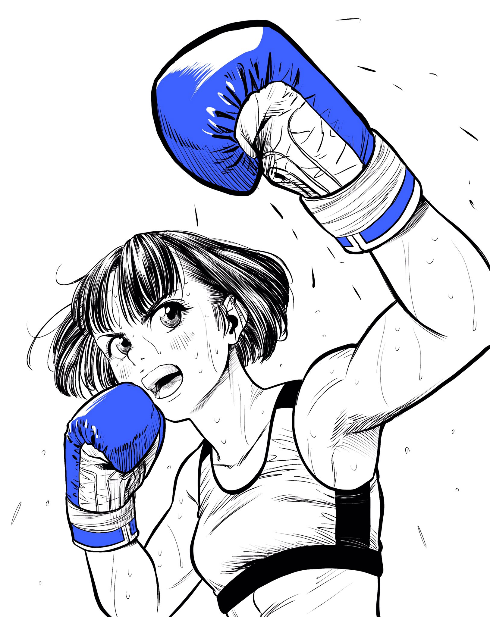 lee (dragon garou), original, commentary request, highres, 1girl, abs, blue gloves, boxing, boxing gloves, breasts, flying sweatdrops, gloves, hatching (texture), linea alba, midriff, monochrome, mouth guard, open mouth, punching, serious, short hair, small breasts, solo, sports bra, spot color, sweat, toned, toned female, upper body, v-shaped eyebrows, very sweaty