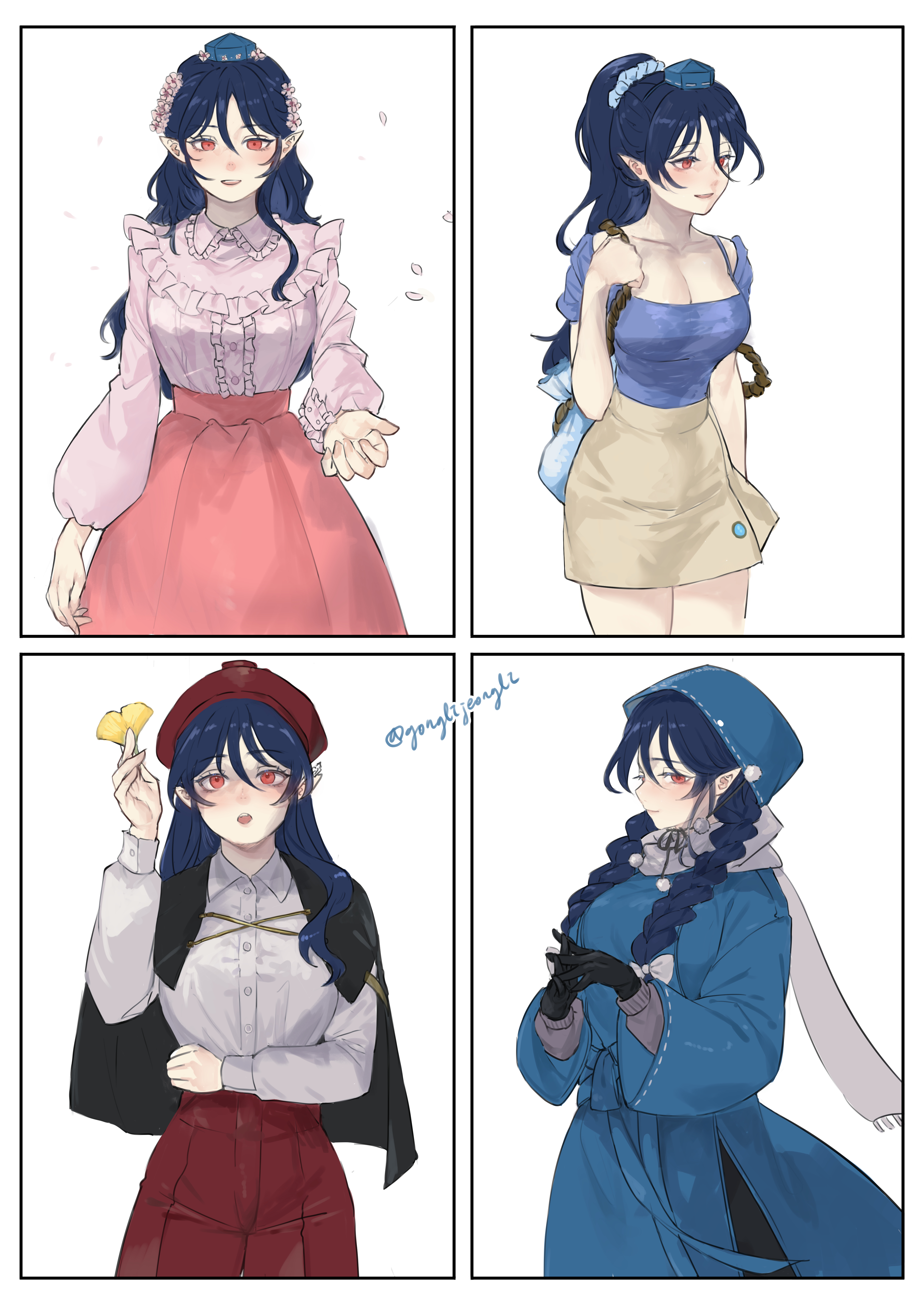 gonglijeongli, iizunamaru megumu, touhou, absurdres, commentary, highres, symbol-only commentary, 1girl, alternate costume, alternate hairstyle, arm across waist, arm up, bag, beret, black capelet, black gloves, blue dress, blue hair, blue hat, blue scrunchie, bow, braid, breasts, buttons, capelet, cleavage, collared shirt, cowboy shot, cross-laced capelet, dress, falling petals, flower, frilled shirt, frilled shirt collar, frills, ginkgo leaf, gloves, hair bow, hair flower, hair ornament, hair scrunchie, hand up, hat, hooded dress, interlocked fingers, jirai kei, large breasts, leaf, long hair, long sleeves, looking at viewer, medium skirt, multiple views, off-shoulder shirt, off shoulder, own hands together, pants, pencil skirt, petals, pink shirt, pointy ears, pom pom (clothes), ponytail, puffy long sleeves, puffy sleeves, purple sweater, red eyes, red pants, red skirt, scarf, scrunchie, shirt, shoulder bag, side slit, sideways glance, simple background, skirt, smile, square neckline, straight-on, sweater, tokin hat, twin braids, waist ribbon, white background, white bow, white scarf, white shirt, yellow shirt