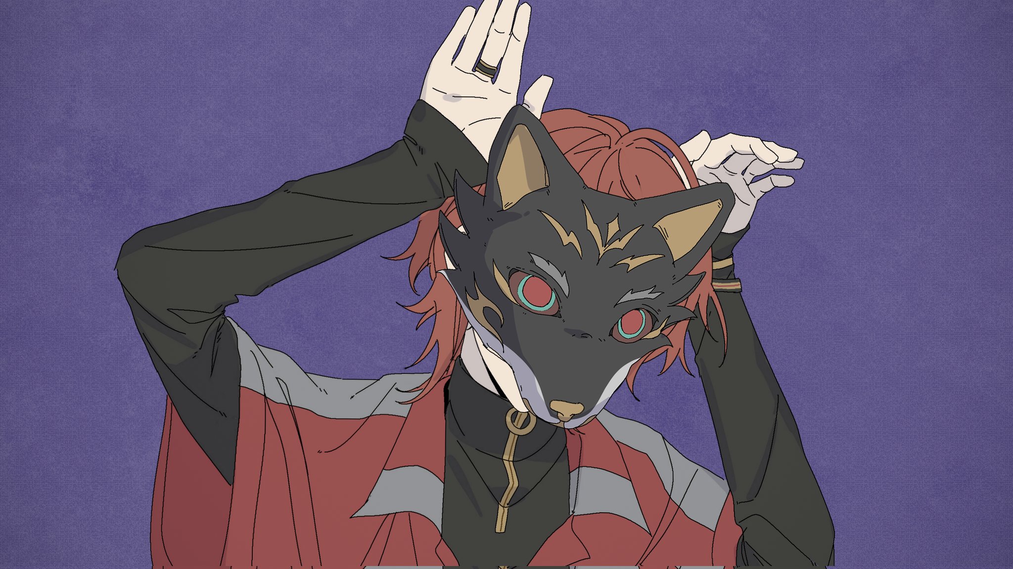 nishizono renga, 18trip, phony (cevio), commentary, english commentary, highres, 1boy, arms up, black shirt, fox mask, jewelry, long sleeves, male focus, mask, mmuider, purple background, red hair, red shirt, ring, shirt, short hair, simple background, solo, upper body