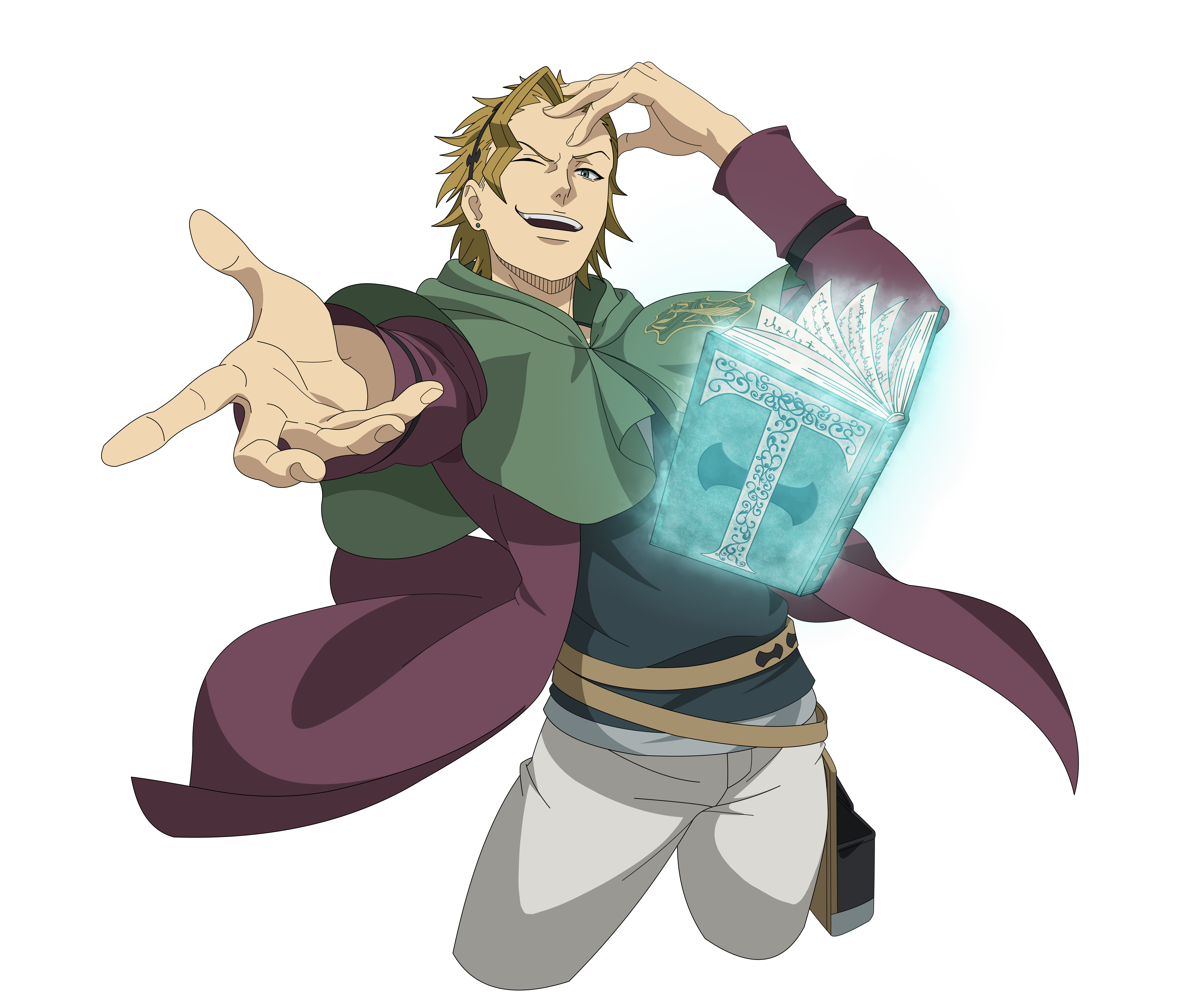sekke bronzazza, black clover, black clover m: rise of the wizard king, absurdres, highres, non-web source, official art, 1boy, belt, black shirt, book, brown belt, brown hair, capelet, green capelet, green mantis (emblem), grimoire, jacket, looking at viewer, official alternate costume, one eye closed, open book, open clothes, open jacket, open mouth, pants, purple jacket, shirt, short hair, simple background, solo, transparent background, white pants