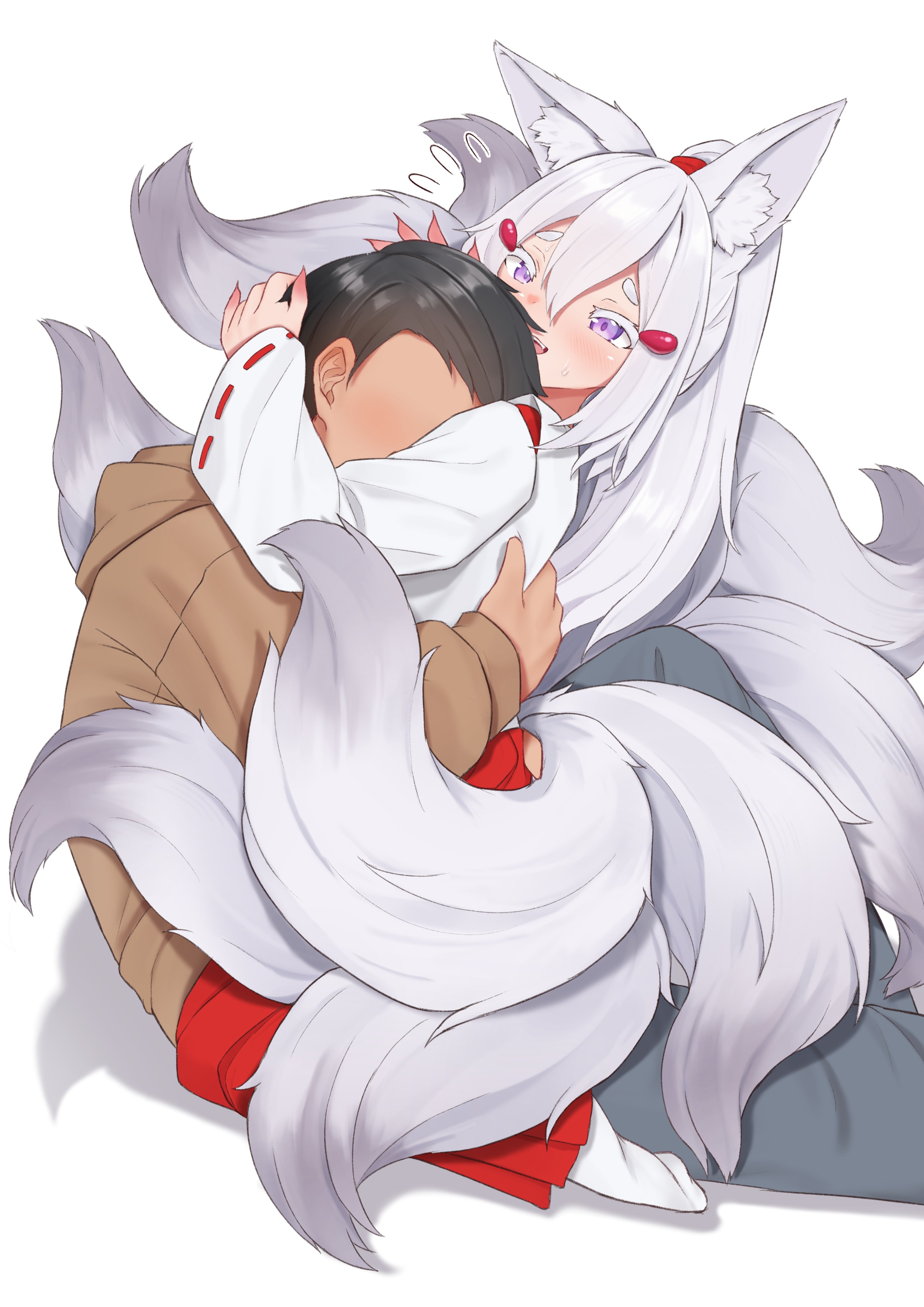 sleepypudding, tenma maemi, phase connect, absurdres, commentary, english commentary, highres, 1boy, 1girl, animal ear fluff, animal ears, faceless, faceless male, fox ears, fox girl, fox tail, hug, japanese clothes, kitsune, kyuubi, miko, multiple tails, purple eyes, tail, tail wrap, thick eyebrows, white hair