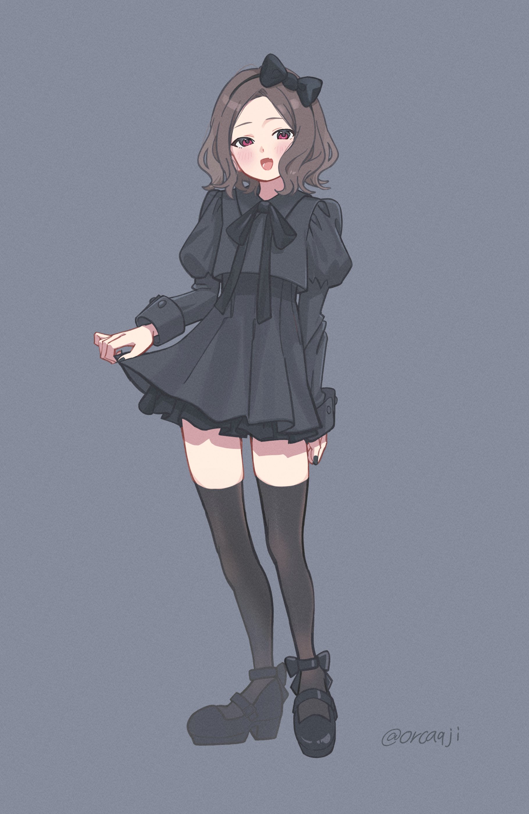 kuji (orca9ji), ebizuka tomo, girls band cry, absurdres, commentary request, highres, 1girl, black bow, black dress, black hairband, black nails, black ribbon, black shoes, black thighhighs, blush, bow, dress, fang, full body, grey background, grey hair, hair bow, hairband, long sleeves, nail polish, neck ribbon, open mouth, red eyes, ribbon, shoes, short hair, simple background, skin fang, skirt hold, solo, thighhighs, zettai ryouiki