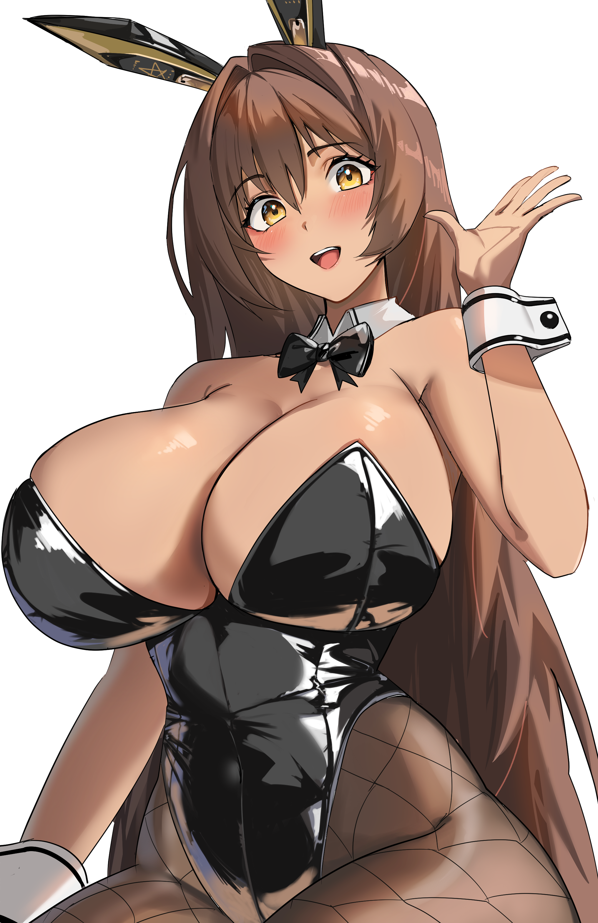 kopepan (kopepann11), noir (nikke), goddess of victory: nikke, absurdres, commentary, highres, 1girl, :d, animal ear headwear, animal ears, arm up, black bow, black bowtie, black leotard, bow, bowtie, breasts, brown hair, dark-skinned female, dark skin, detached collar, fake animal ears, fishnet pantyhose, fishnets, large breasts, leotard, long hair, looking at viewer, open mouth, pantyhose, playboy bunny, rabbit ears, simple background, smile, solo, teeth, upper teeth only, waving, white background, wrist cuffs, yellow eyes