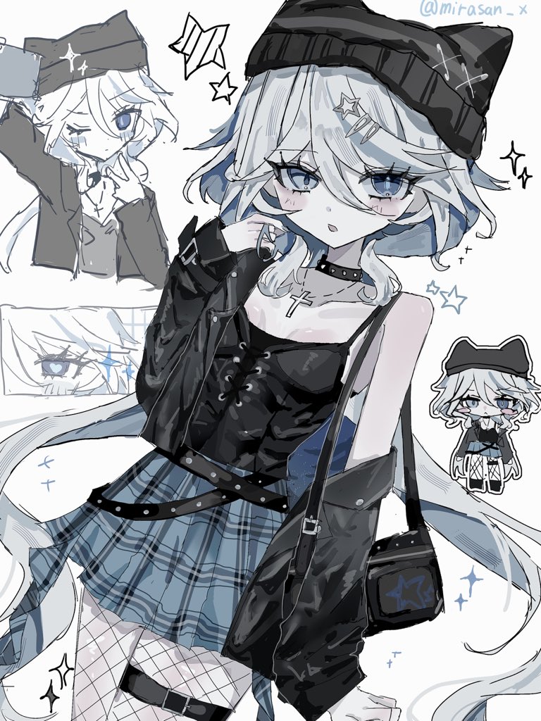 mirasan x, furina (genshin impact), genshin impact, commentary, symbol-only commentary, 1girl, alternate costume, bag, beanie, belt, black belt, black camisole, black hat, black jacket, blue skirt, blush, camisole, chibi, chibi inset, collar, cowboy shot, cross, cross necklace, eyelashes, fishnet pantyhose, fishnets, grey hair, hair between eyes, hair ornament, hairclip, hand in own hair, hand up, hat, heterochromia, jacket, jewelry, looking at viewer, medium hair, multiple views, necklace, one eye closed, open clothes, open jacket, open mouth, pantyhose, plaid clothes, plaid skirt, shoulder bag, skirt, spiked collar, spikes, star (symbol), star hair ornament, thigh strap, v, x hat ornament