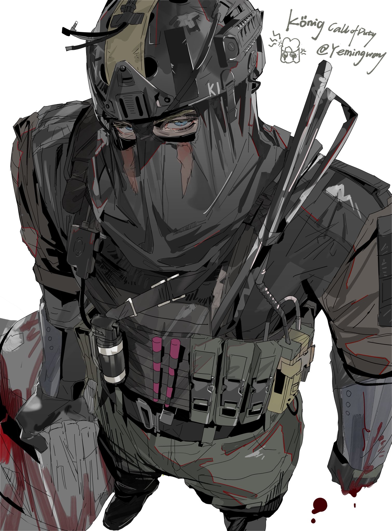 yemingway 1214, konig (call of duty), call of duty, call of duty: modern warfare 2, call of duty: warzone, hashtag-only commentary, highres, 1boy, ammunition, axe, belt, black belt, black gloves, black helmet, black pants, blood, blood on clothes, bloody weapon, blue eyes, bulletproof vest, from above, gloves, green pants, helmet, holding, jacket, looking at viewer, male focus, mask, mouth mask, pants, saw, shotgun shell, simple background, solo, twitter username, weapon, white background
