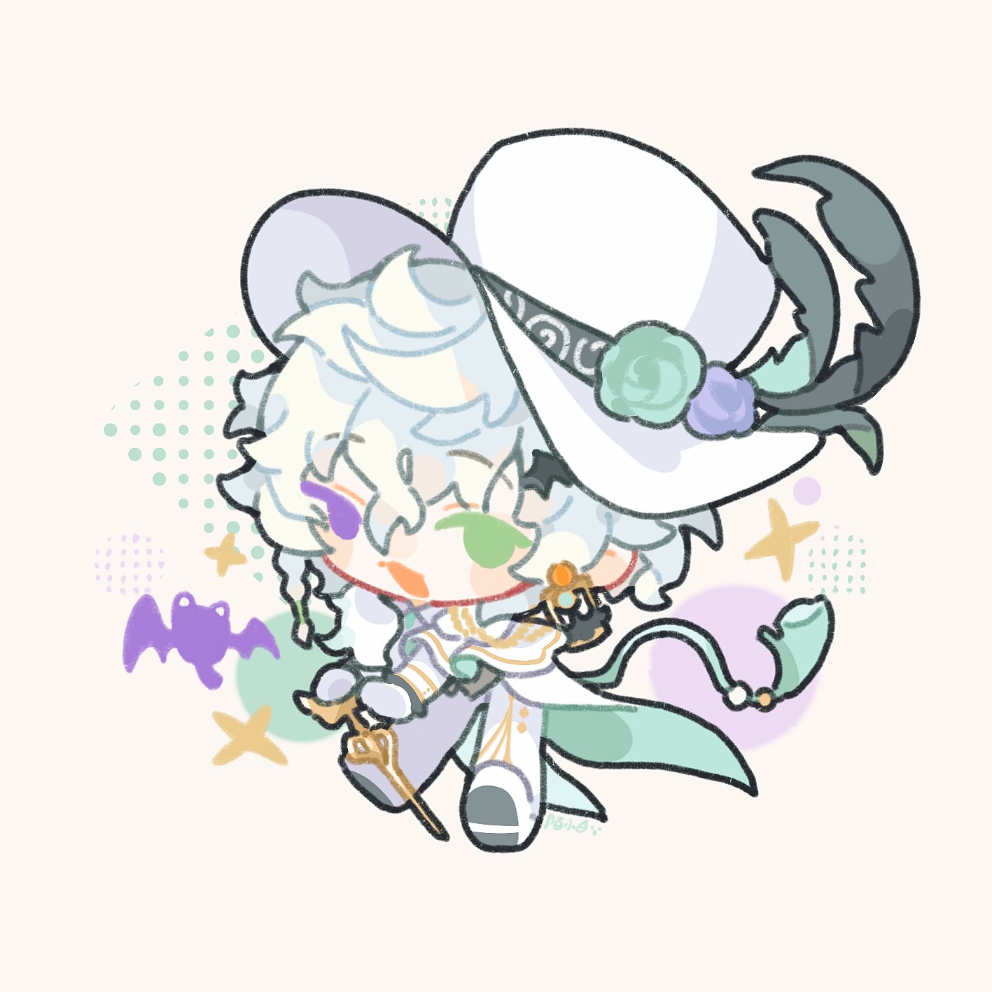 shuxingbuming moxiaobai, murakumo kagetsu, nijisanji, commentary request, hashtag-only commentary, highres, 1boy, bat (animal), bat wings, black feathers, blush, cane, chibi, coat, earrings, feathers, flower, green eyes, green flower, hat, hat feather, hat flower, heterochromia, holding, holding cane, jewelry, looking at viewer, male focus, open mouth, panties, purple eyes, purple flower, short hair, simple background, smile, solo, sparkle, tailcoat, top hat, underwear, virtual youtuber, white background, white coat, white hair, white hat, white panties, wings