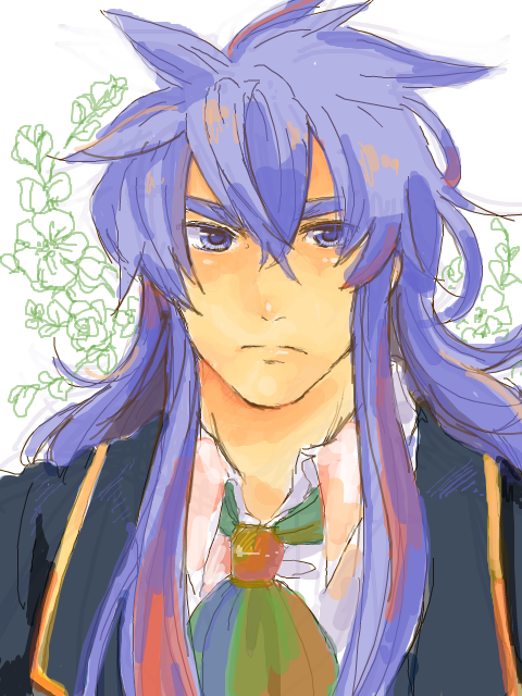regal bryan, tales of (series), tales of symphonia, 00s, 1boy, blue eyes, blue hair, flower, male focus, matching hair/eyes, solo, white background